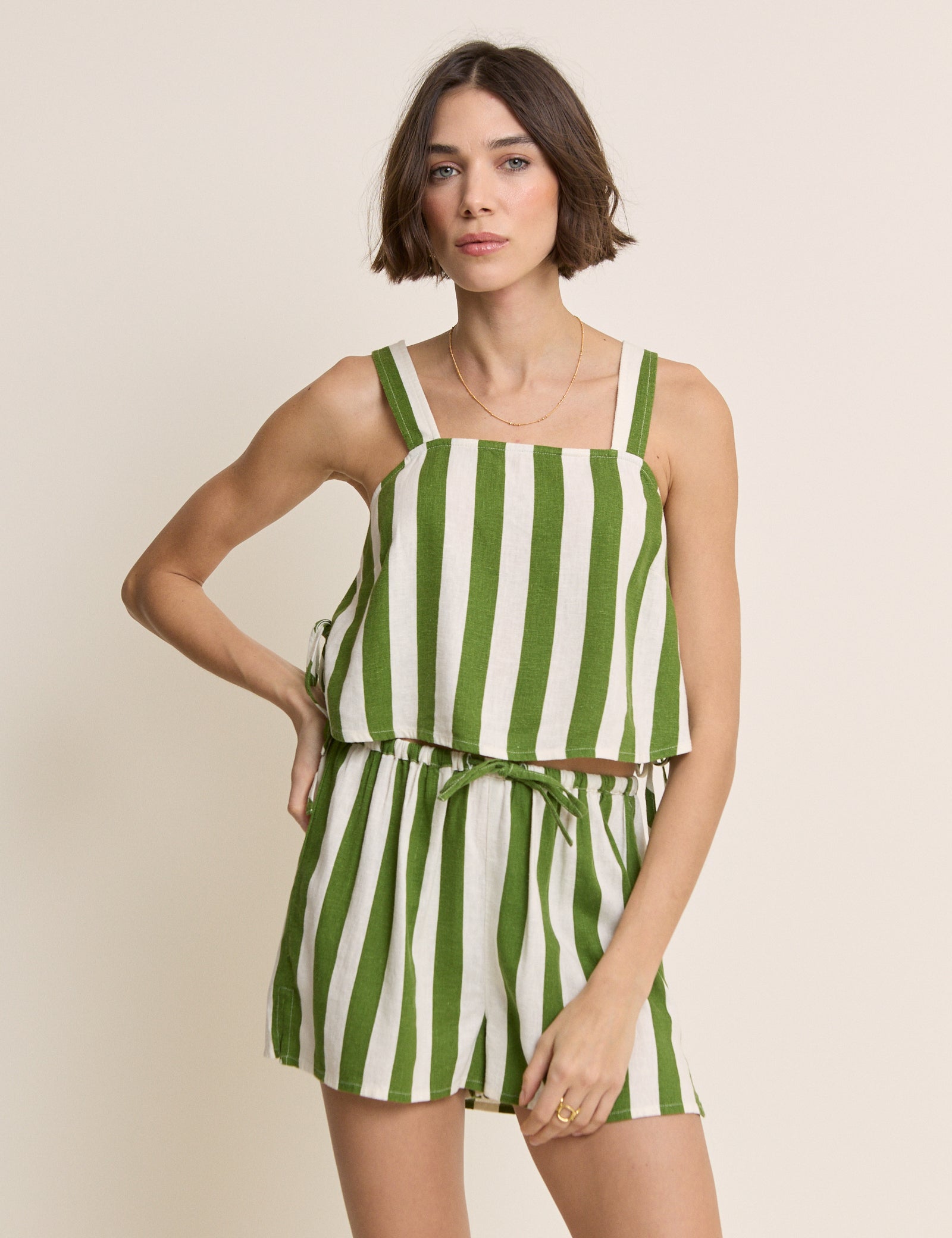 Green Striped Linen-Rich Shorts
