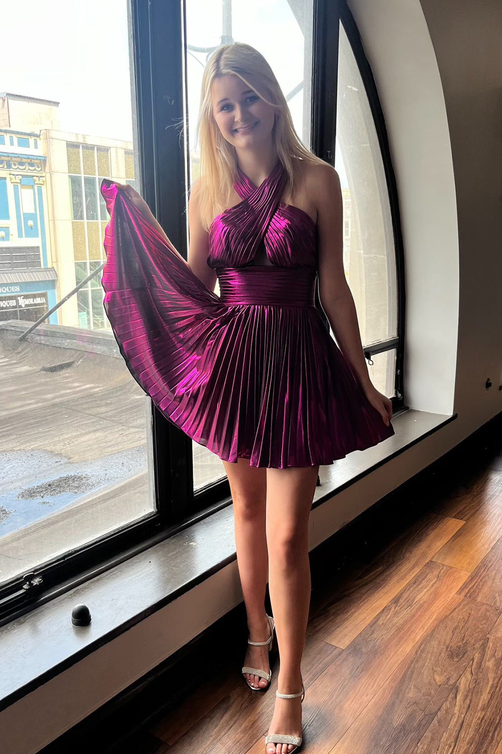 Fuchsia Criss Cross Halter A Line Satin Short Homecoming Dress/Mini Dress