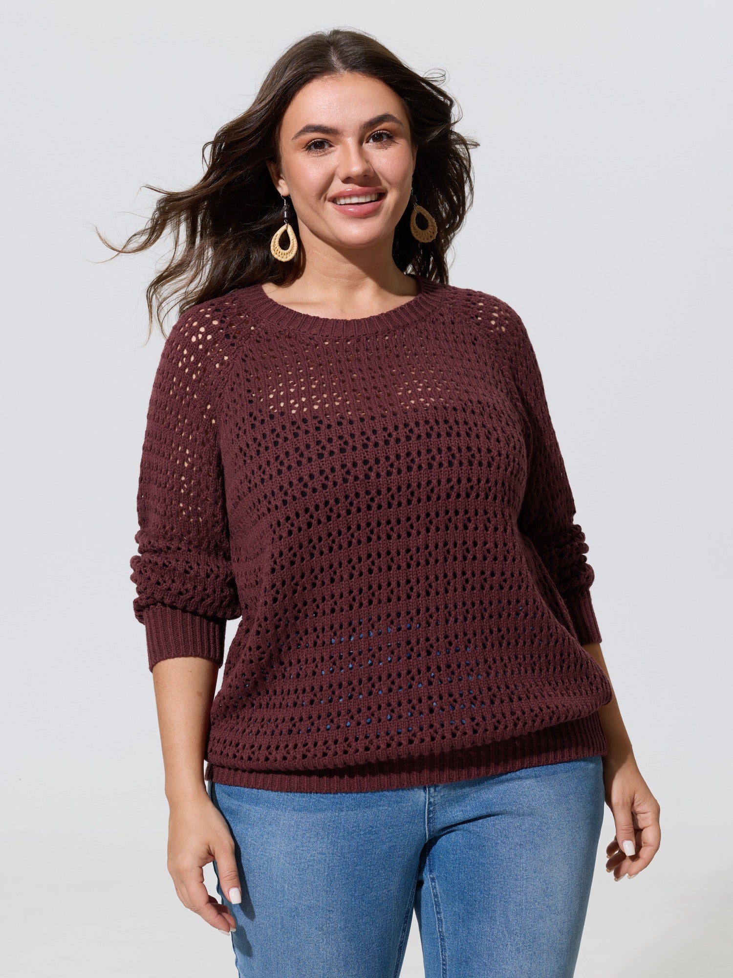 Textured Cut Out Round Neck Long Sleeve Pullover