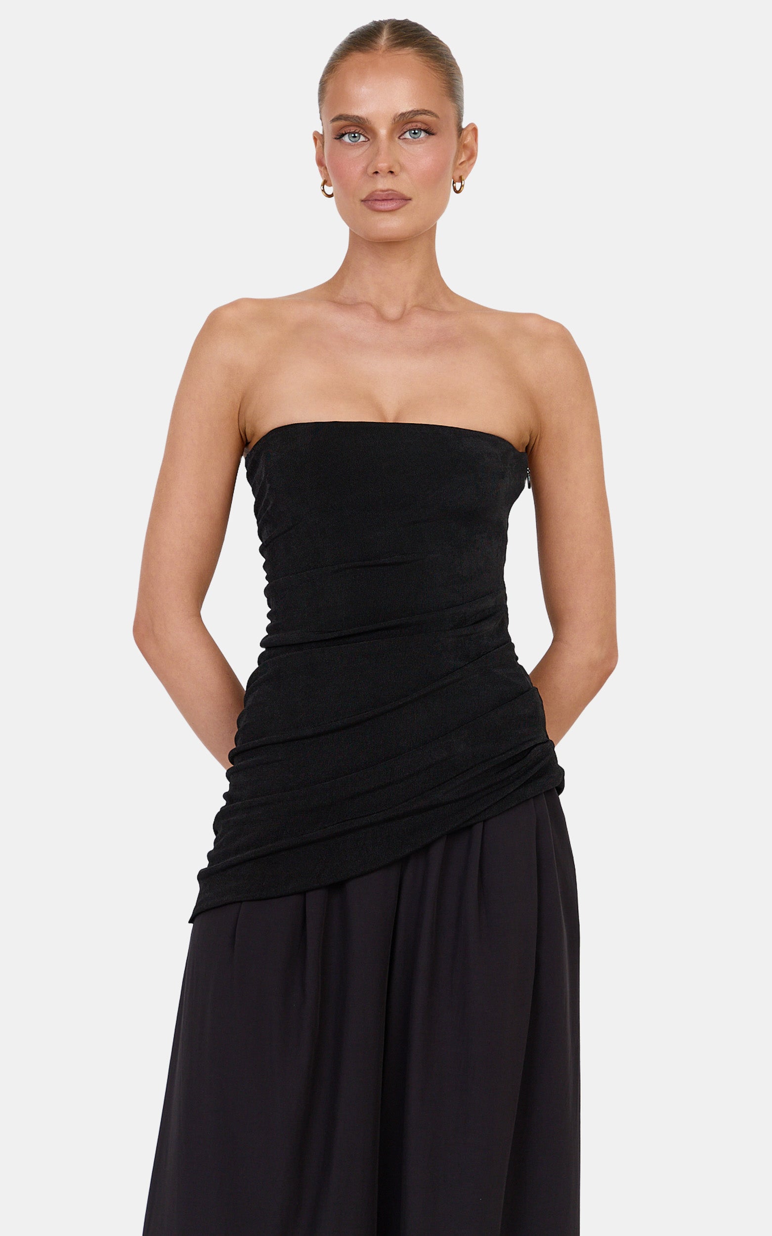 Margaret Top - Jersey Asymmetrical Hem Strapless Top in Black