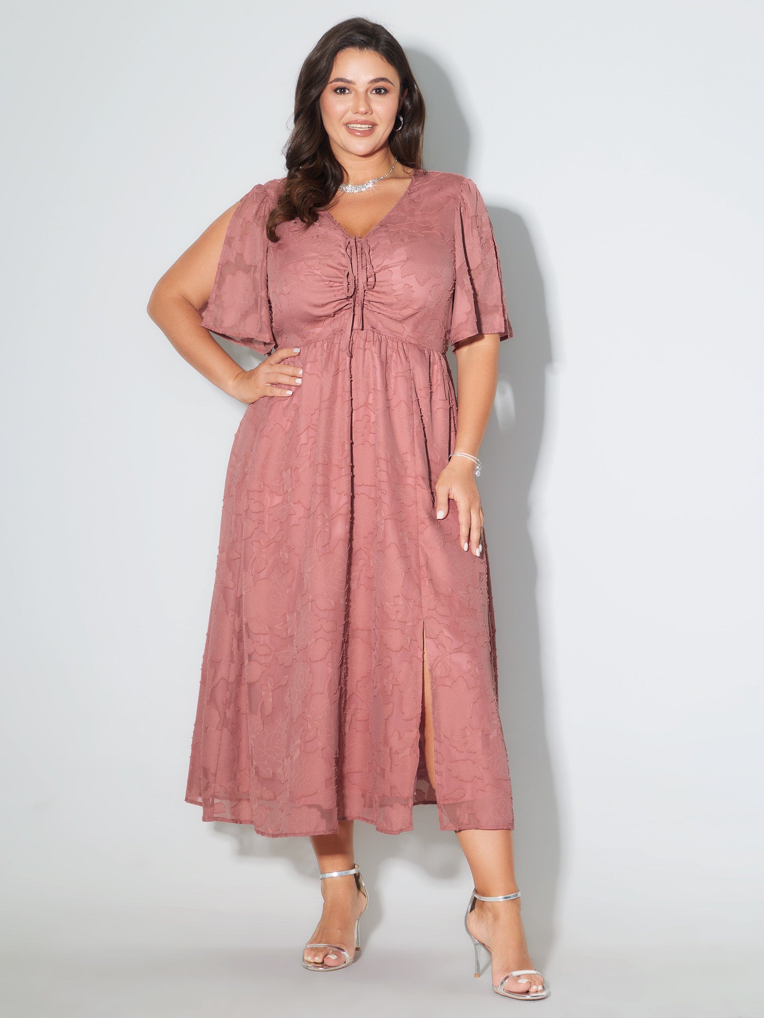 Textured Jacquard Drawstring Slit Midi Dress