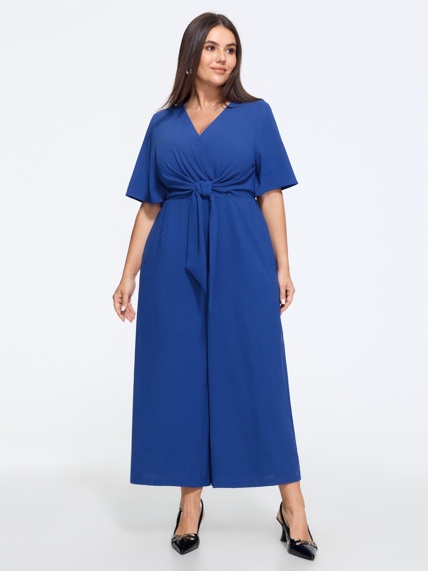 Wrap Neck Self‑Tie Knot Waist Wide Leg Jumpsuit