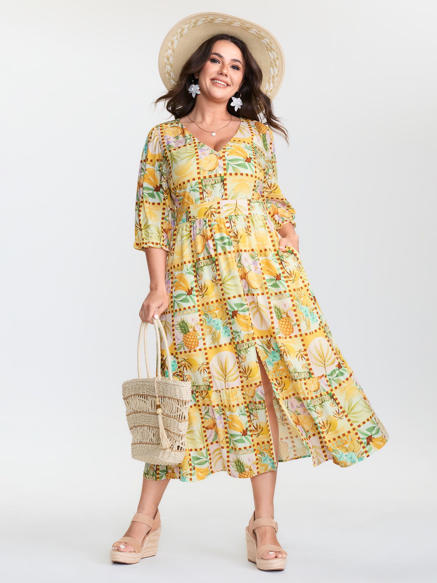 Fruity Collage Cinched Waist Slit Midi Dress