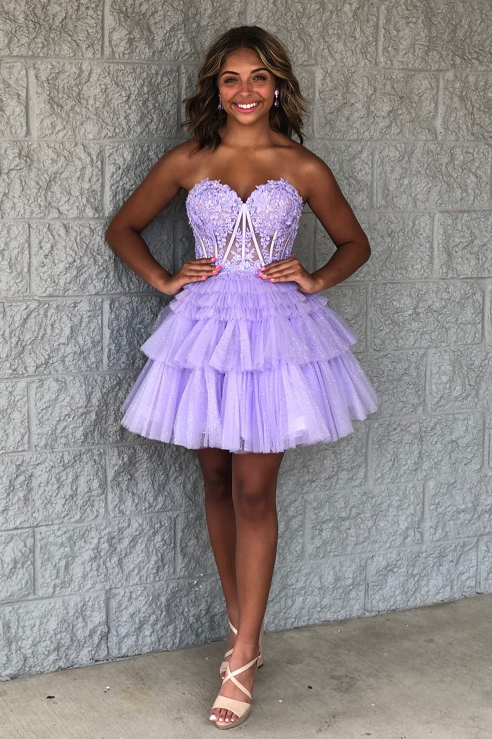 Glitter Lavender Corset Tiered Short A-Line Tulle Homecoming Dress/Mini Dress with Lace