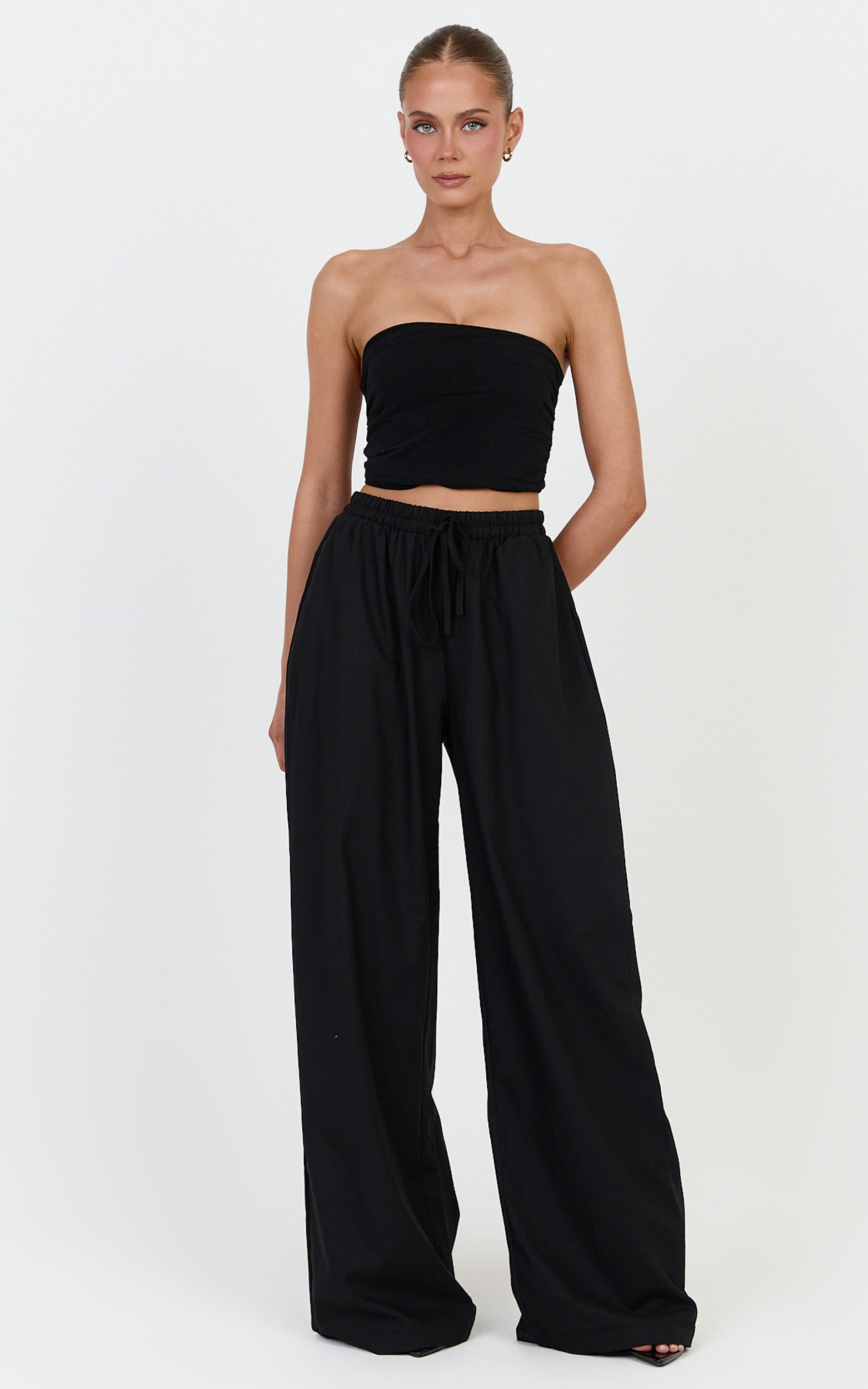 Vivienne Pants - Linen Blend Wide Leg Pants in Black