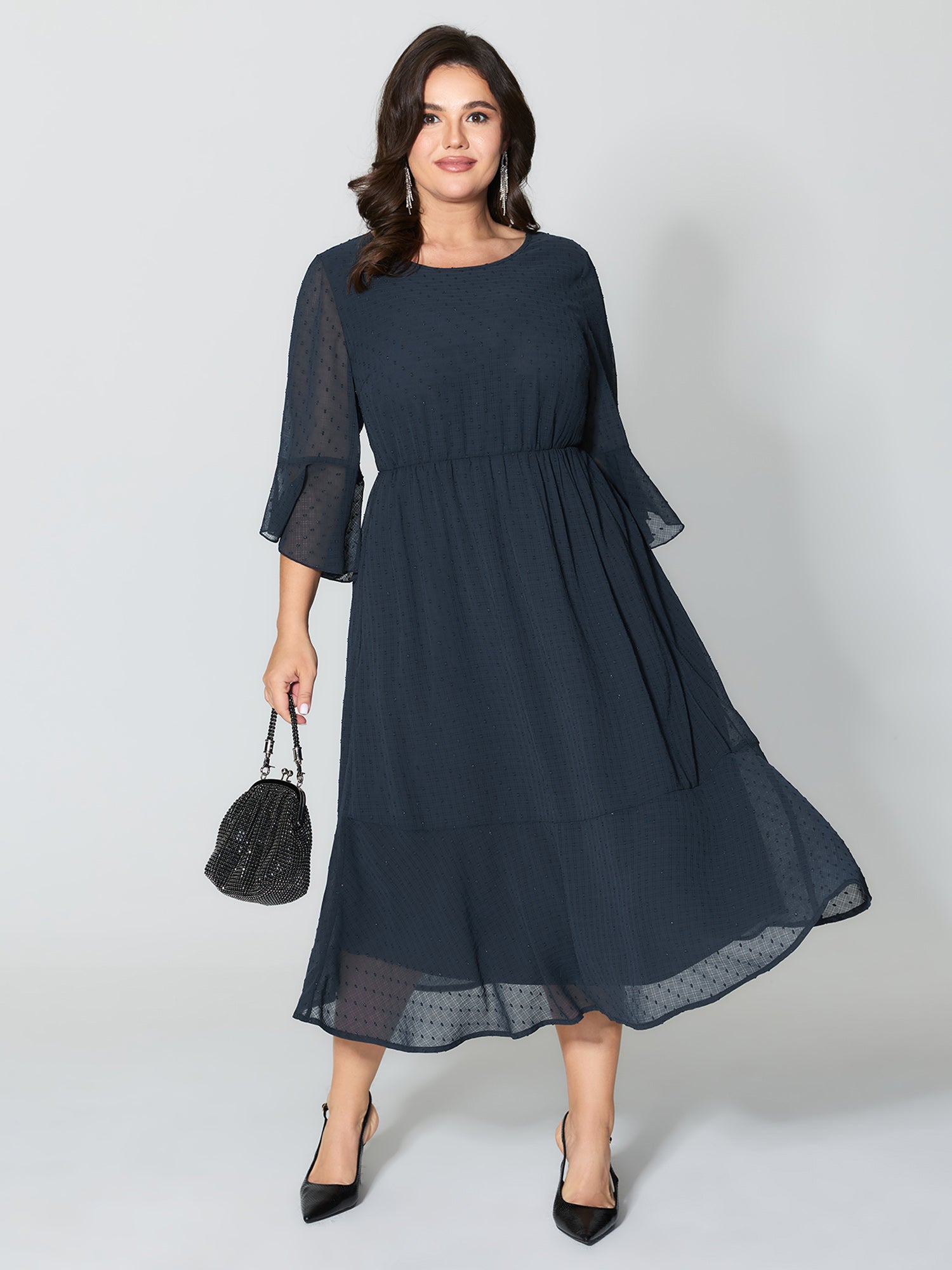 Textured Ruffled Sleeve Sheer Midi Dress