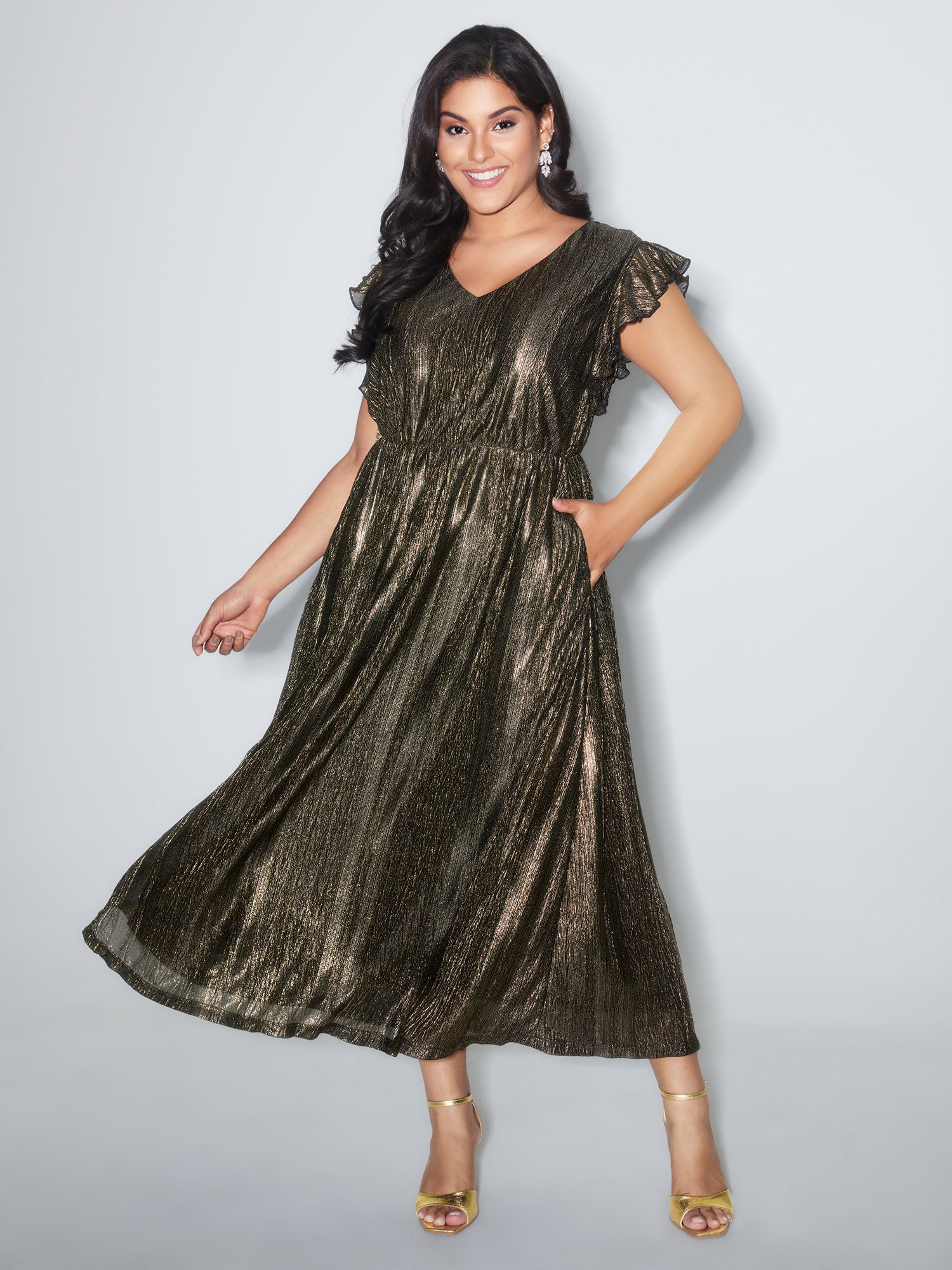 Gold Stamped Ruffled Sleeve Maxi Dress
