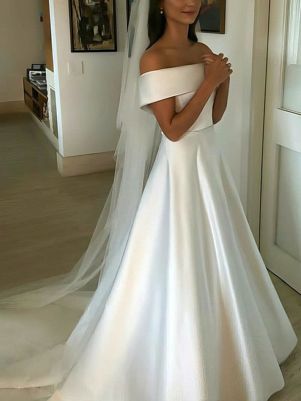 Luxurious Off-The-Shoulder Ball Gown Satin Wedding Dresses