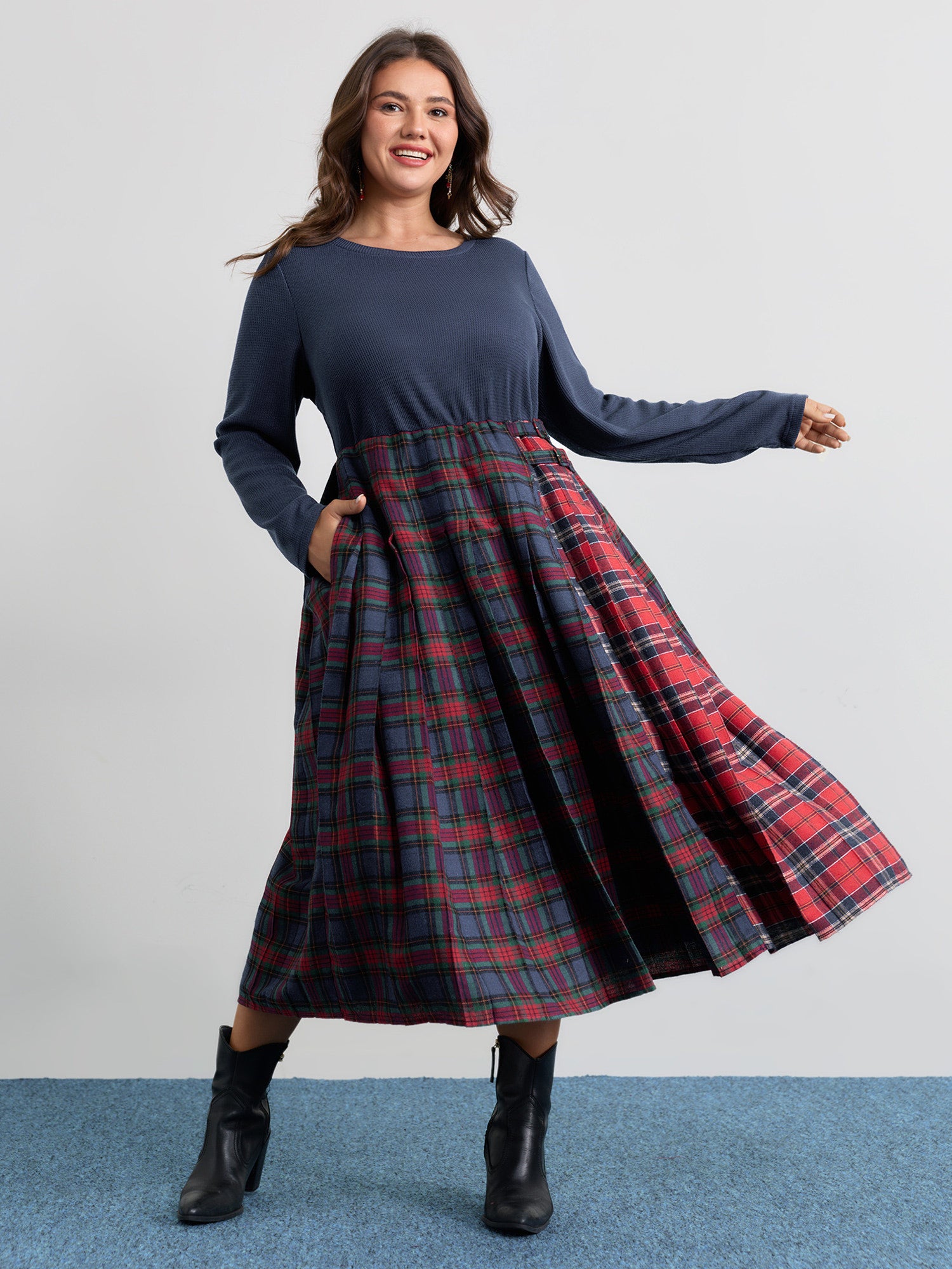 Plaid Waffle Color Contrast Midi Dress