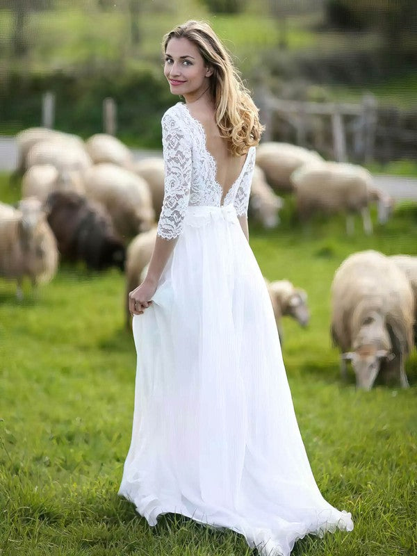 Fashionable A-Line 3/4 Long Sleeves V-Neck Backless Lace Chiffon Wedding Dresses with Sweep Train