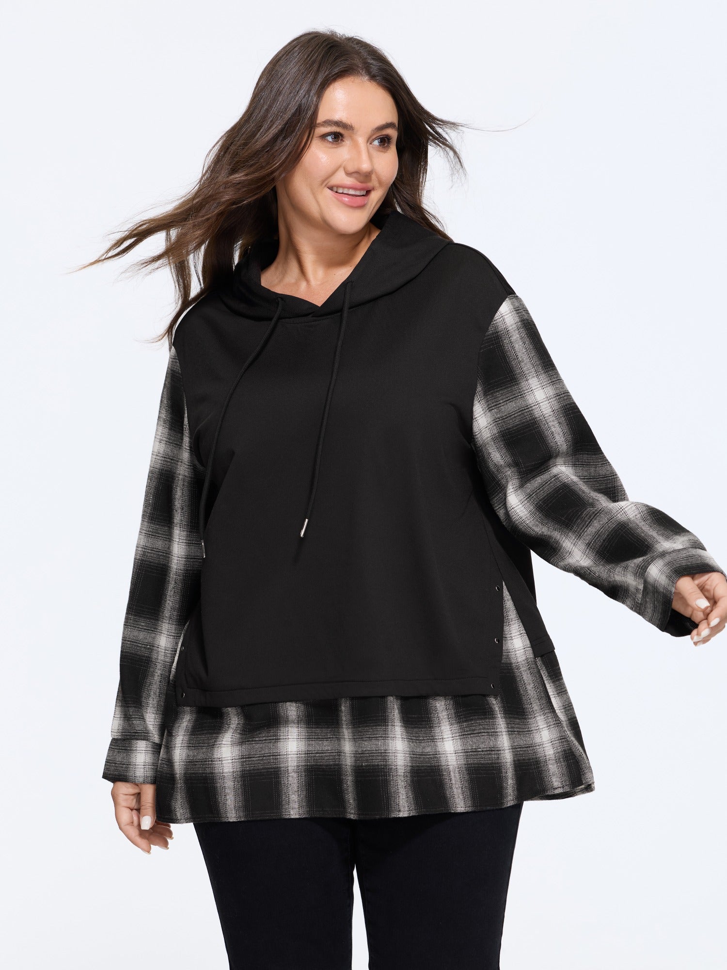 Plaid Patchwork Hooded Drawstring Sweatshirt