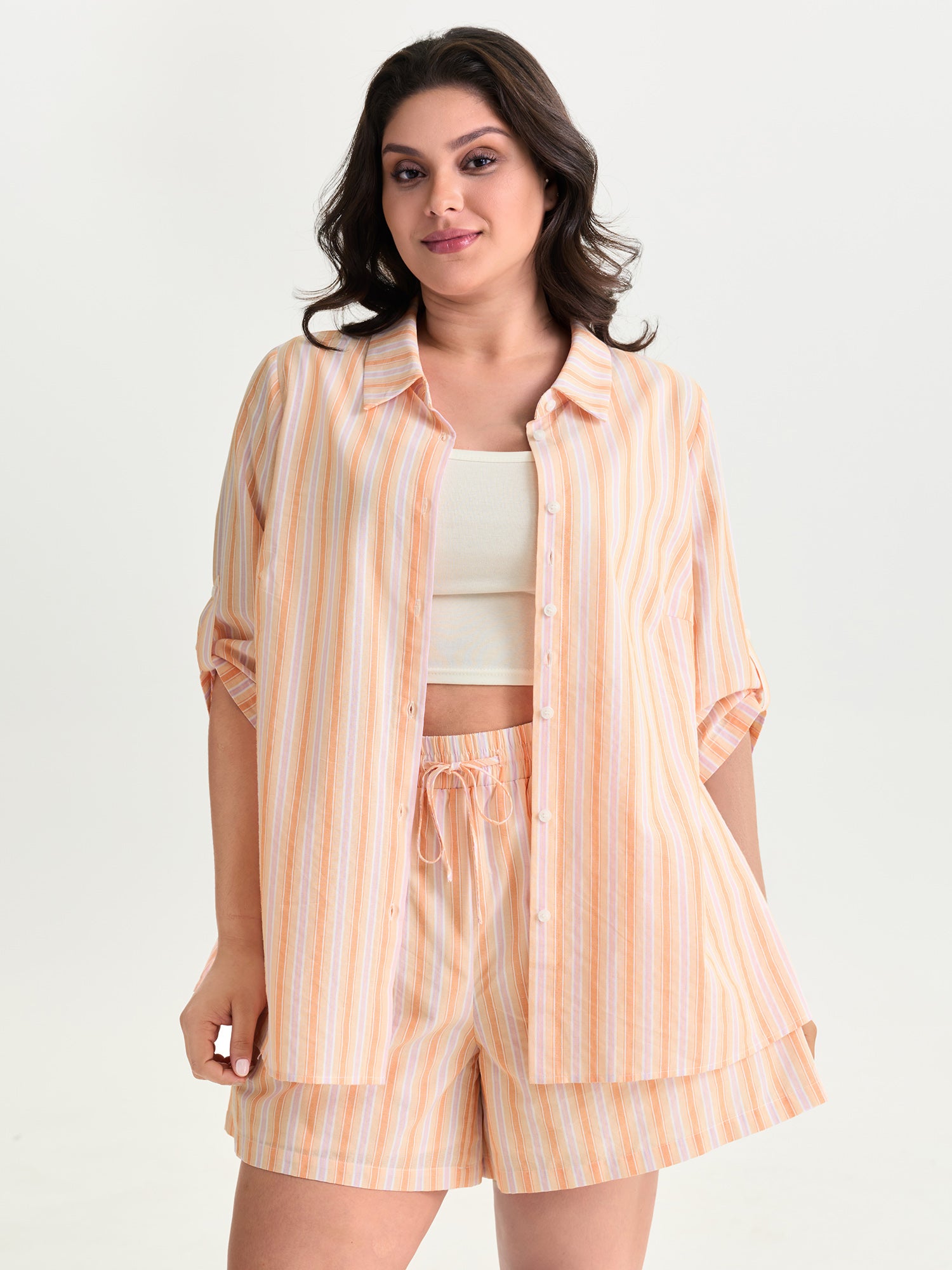 Cotton Striped Print Open-Front Shirt