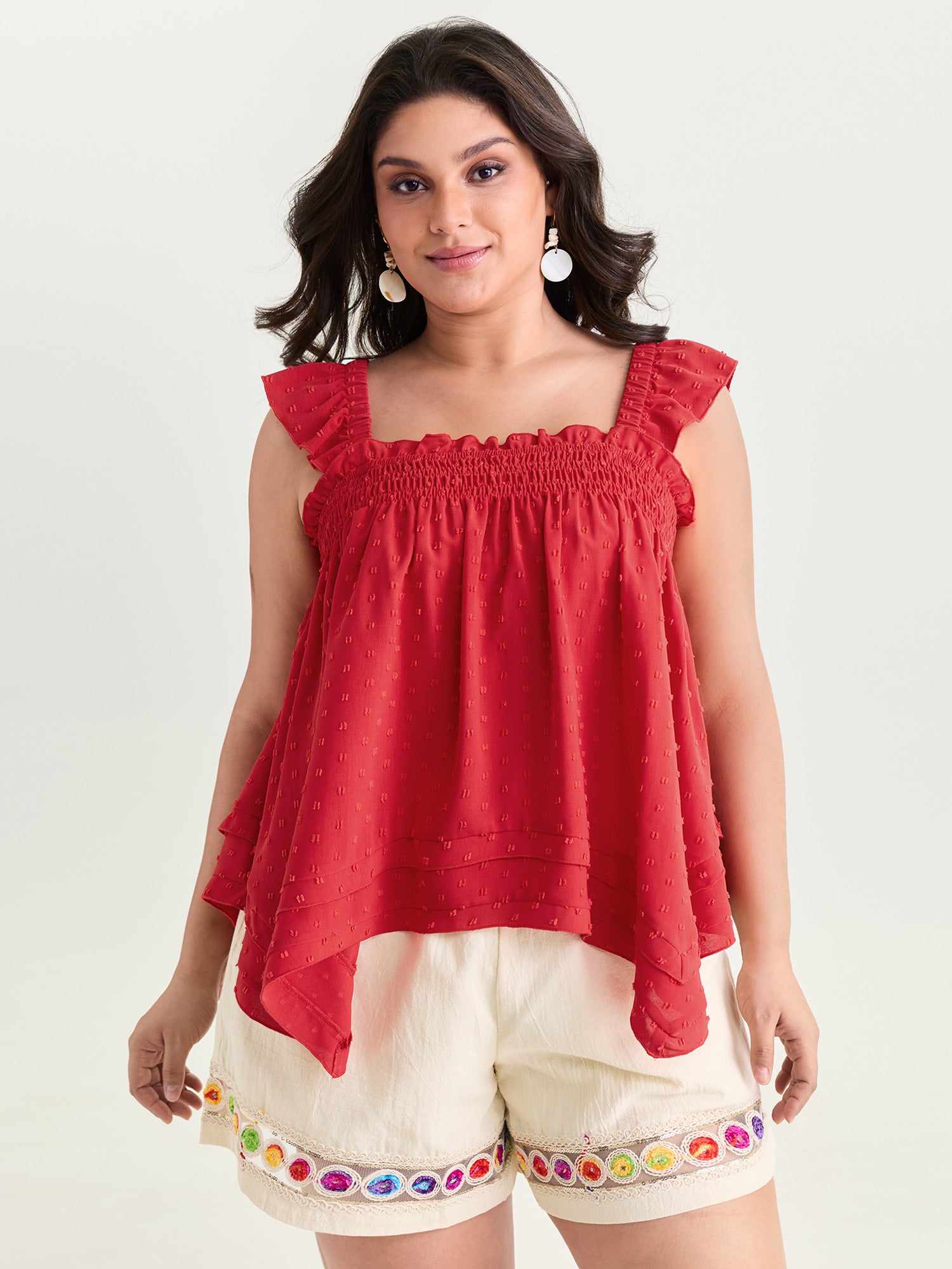 Shirred Neckline Asymmetrical Hem Blouse