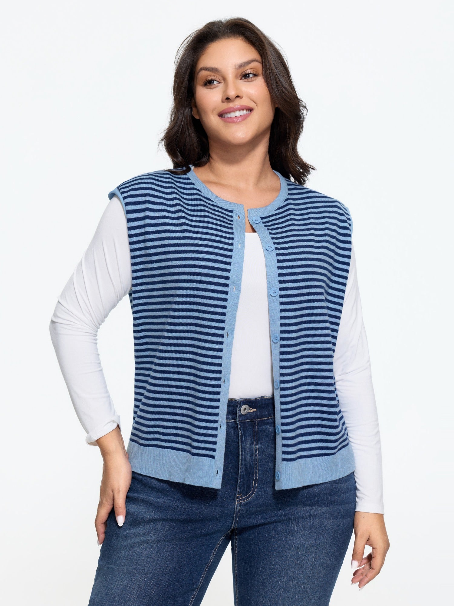 Striped Crew Neck Button‑Down Sweater Vest