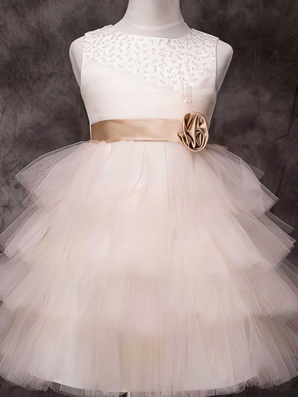 Deluxe Ball Gown Tulle Sequined Flower Girl Dresses with Sash