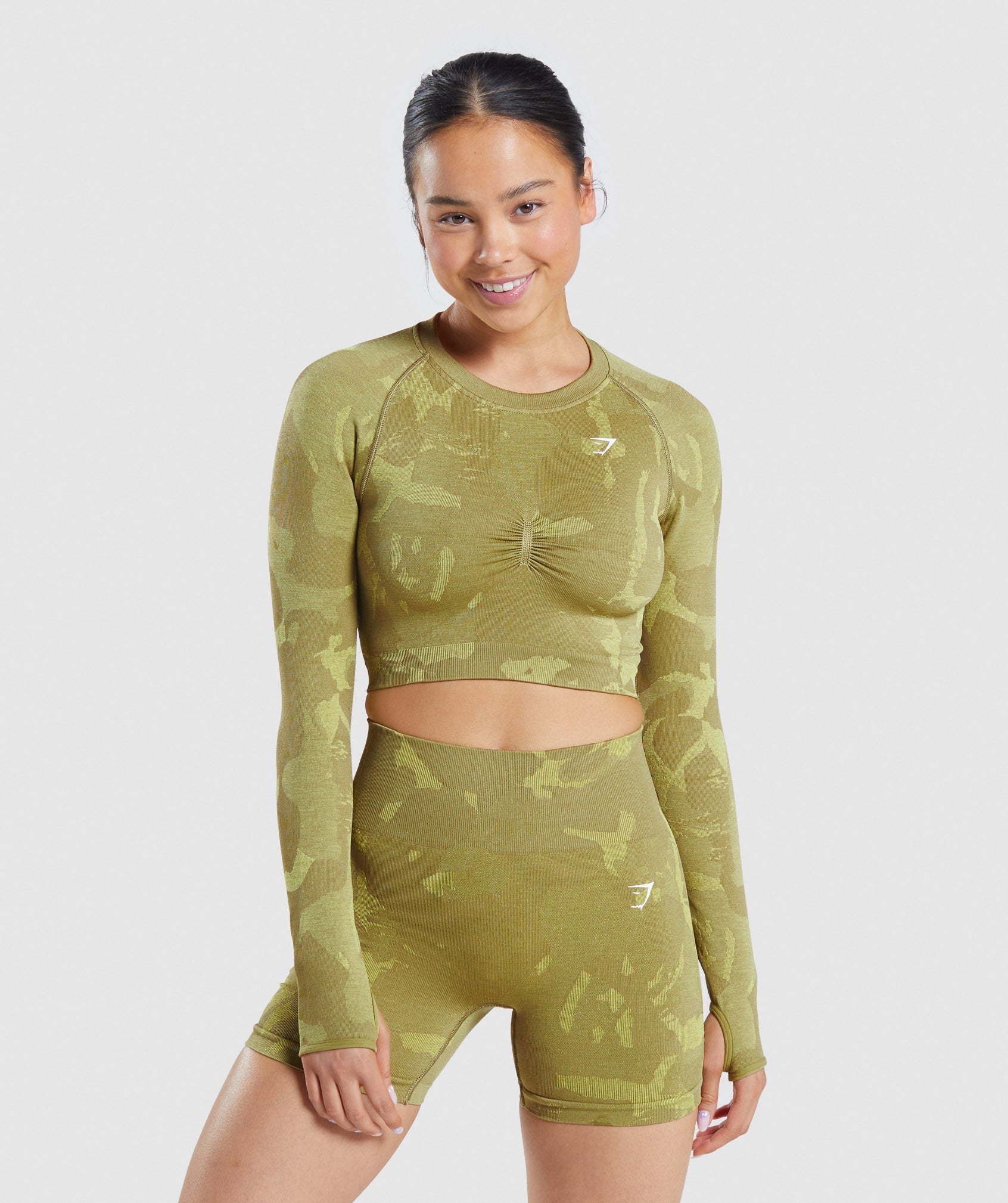 Gymshark Adapt Camo Seamless Long Sleeve Crop Top - Griffin Green