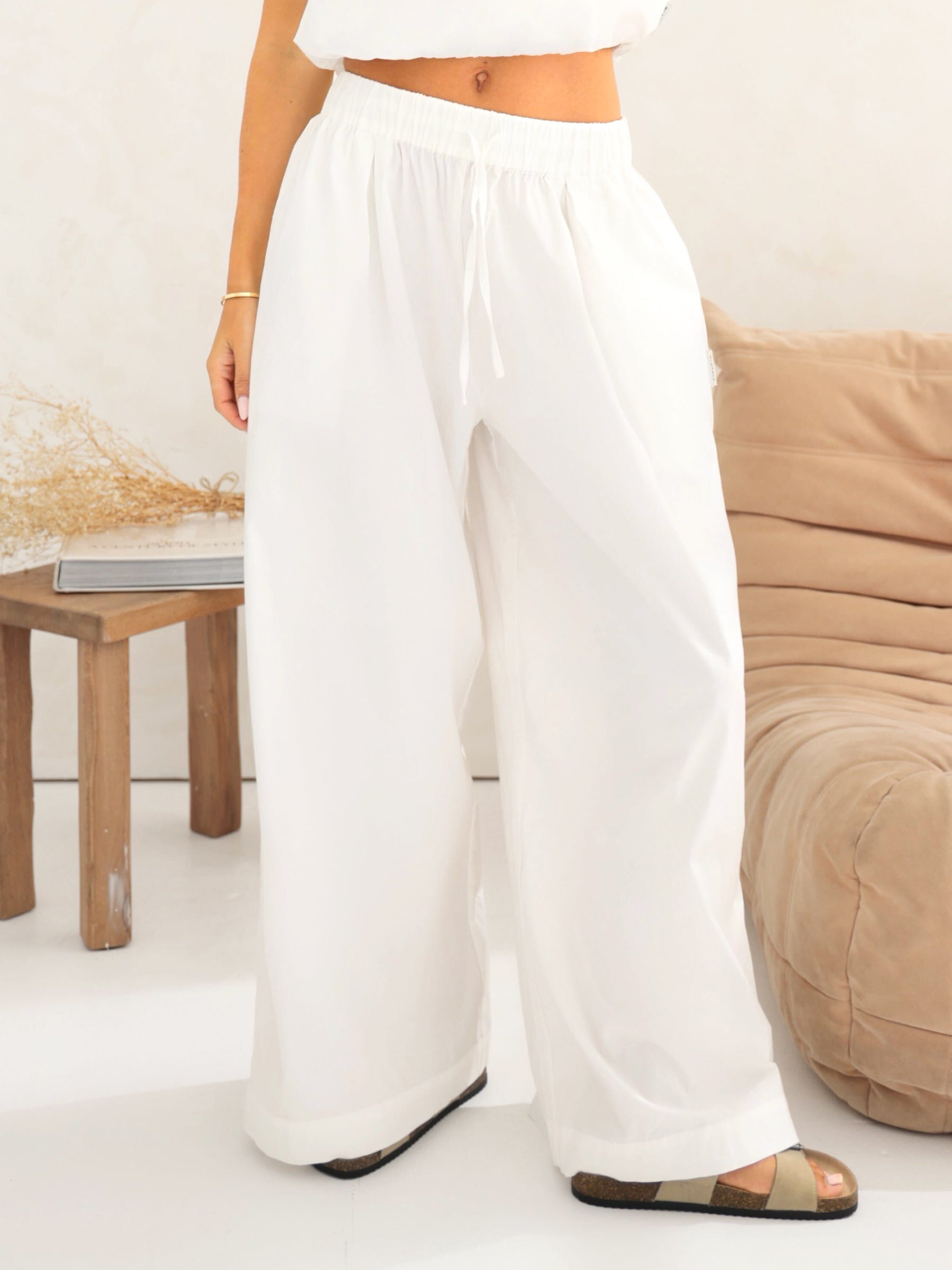 Kaia Wide Leg Poplin Trousers - White