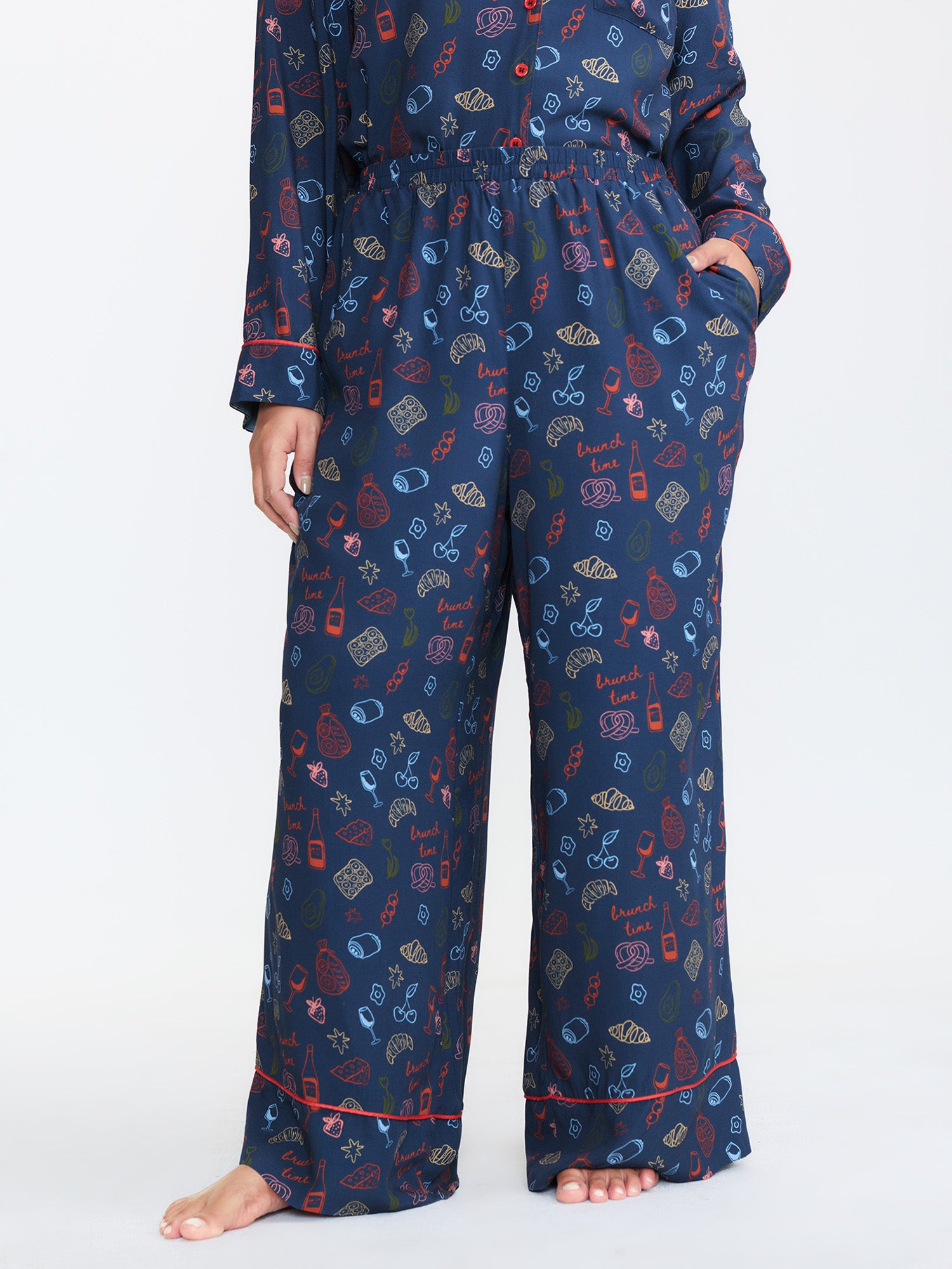 Breakfast Print Elastic Waist Pocket Pajama Bottoms