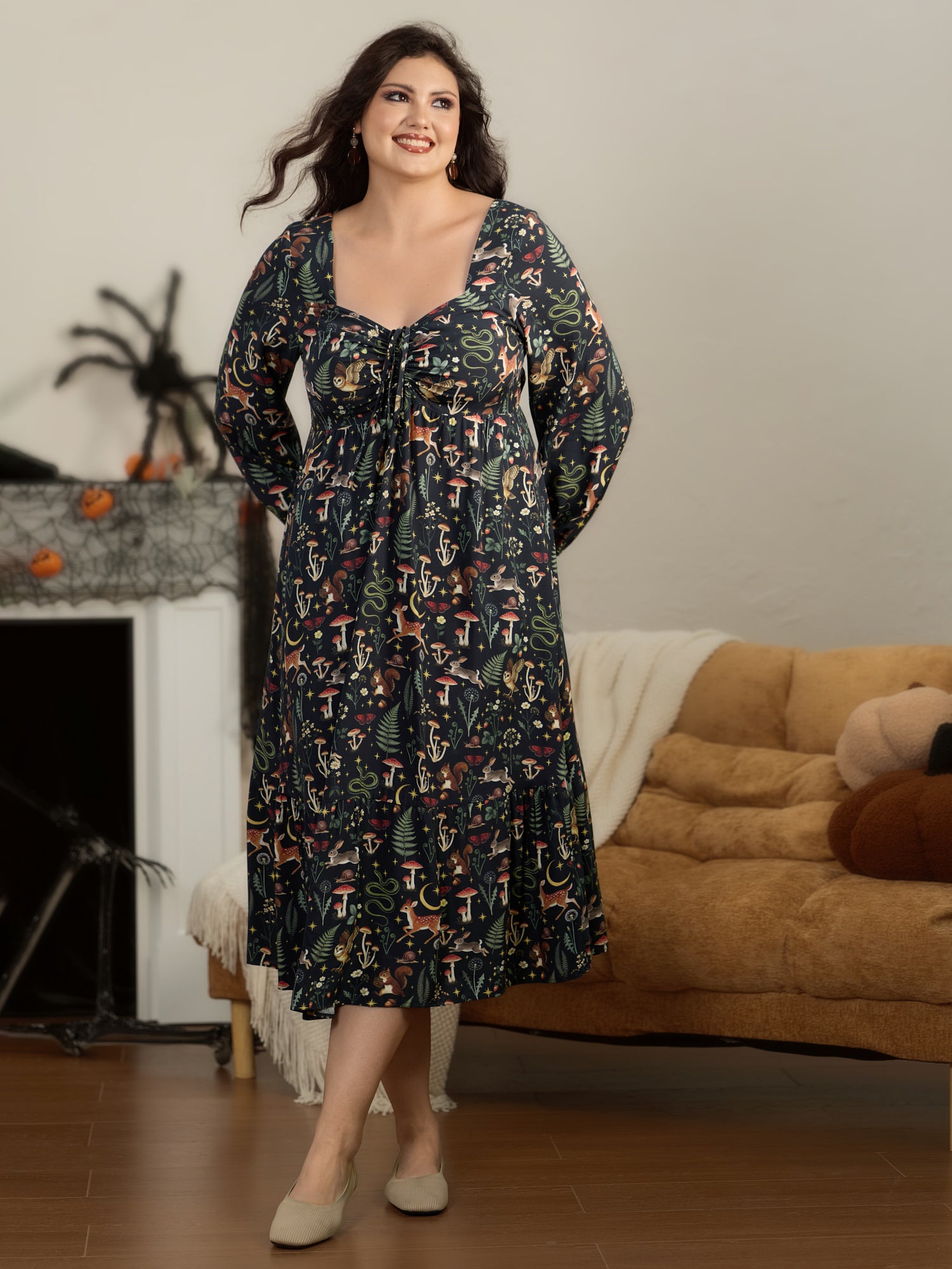 Cottagecore Mushroom Deer Squirrel Print Tiered Midi Dress