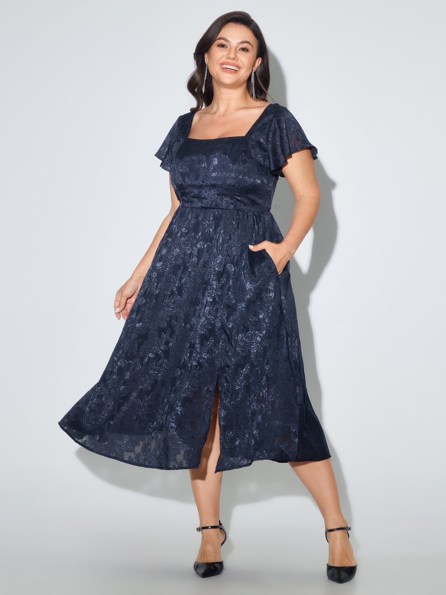 Textured Square Neck Split Hem Pocket Midi Dress