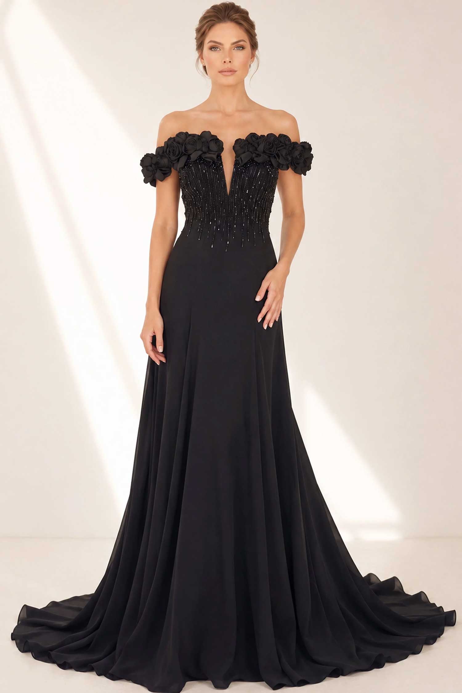 Jovani 50212 3D Rosette Trim Off Shoulder Dress
