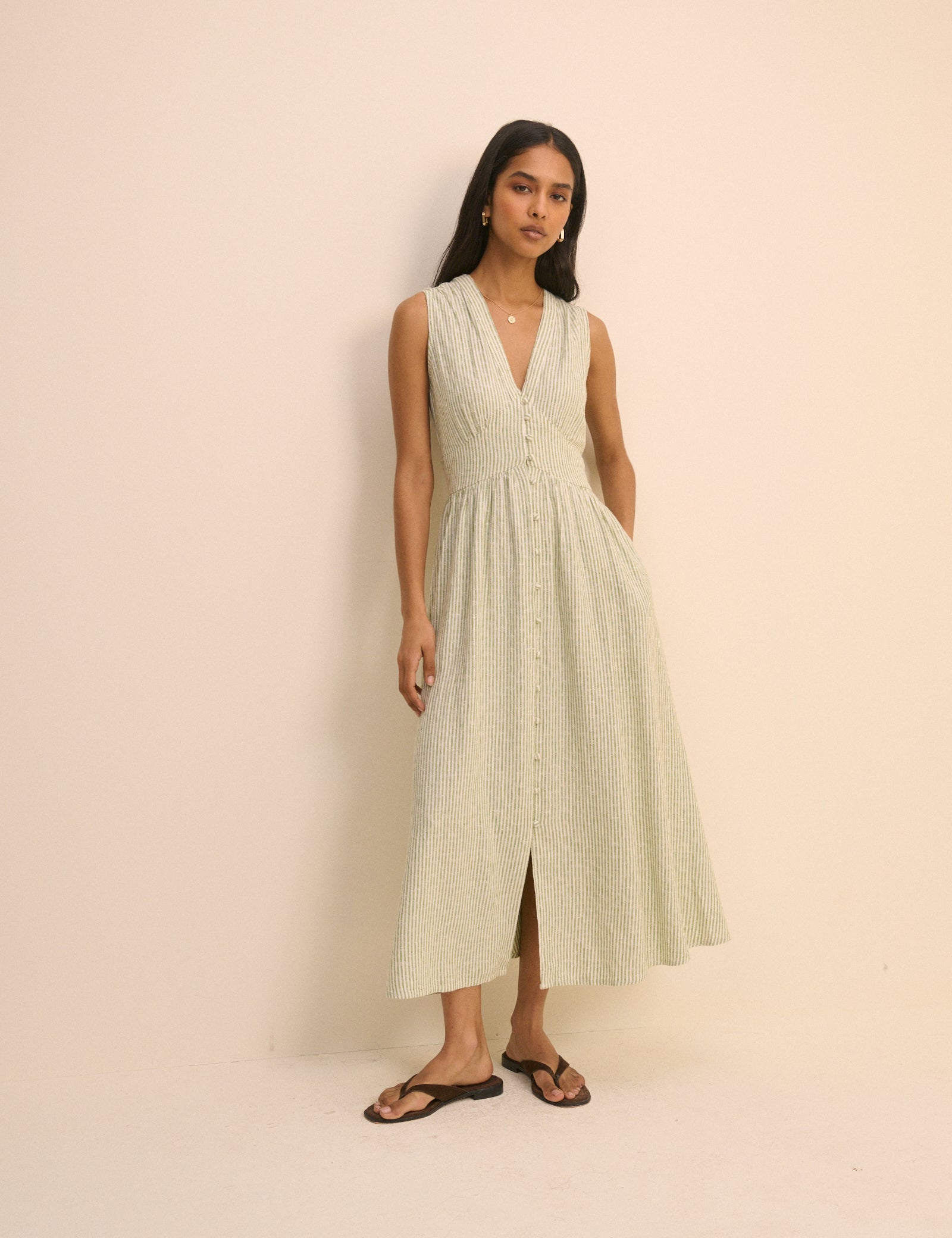 Green Pinstripe Sleeveless Linen-Rich Starlight Midi Dress