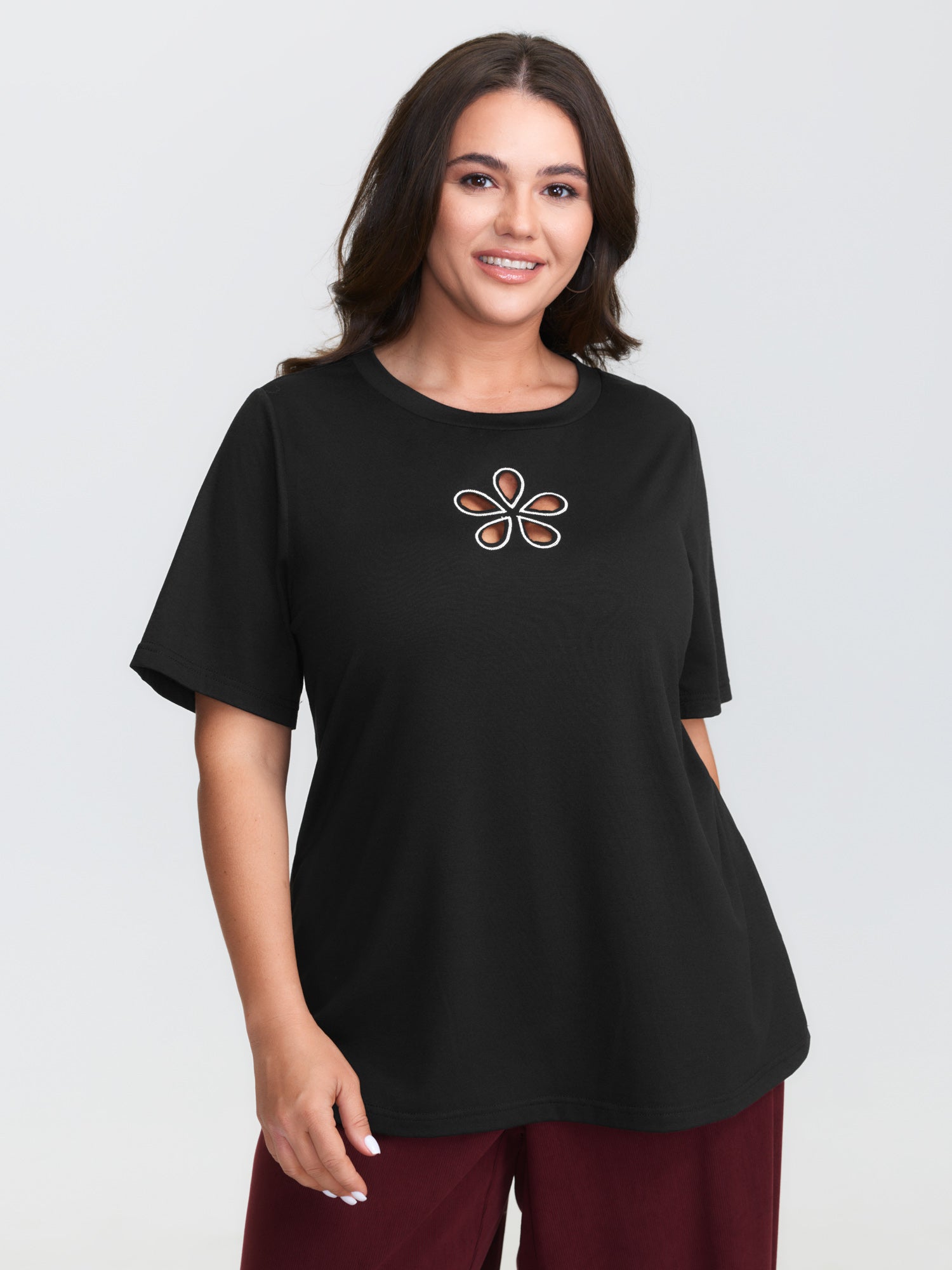Floral Cut-Out Motif Plain T-Shirt