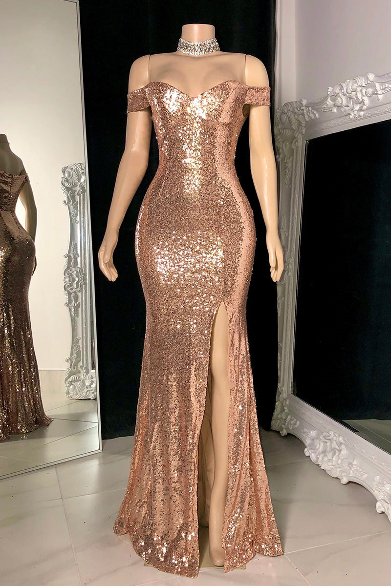 Elegant Gorgeous Off-The-Shoulder Sequins Slit Evening Dress
