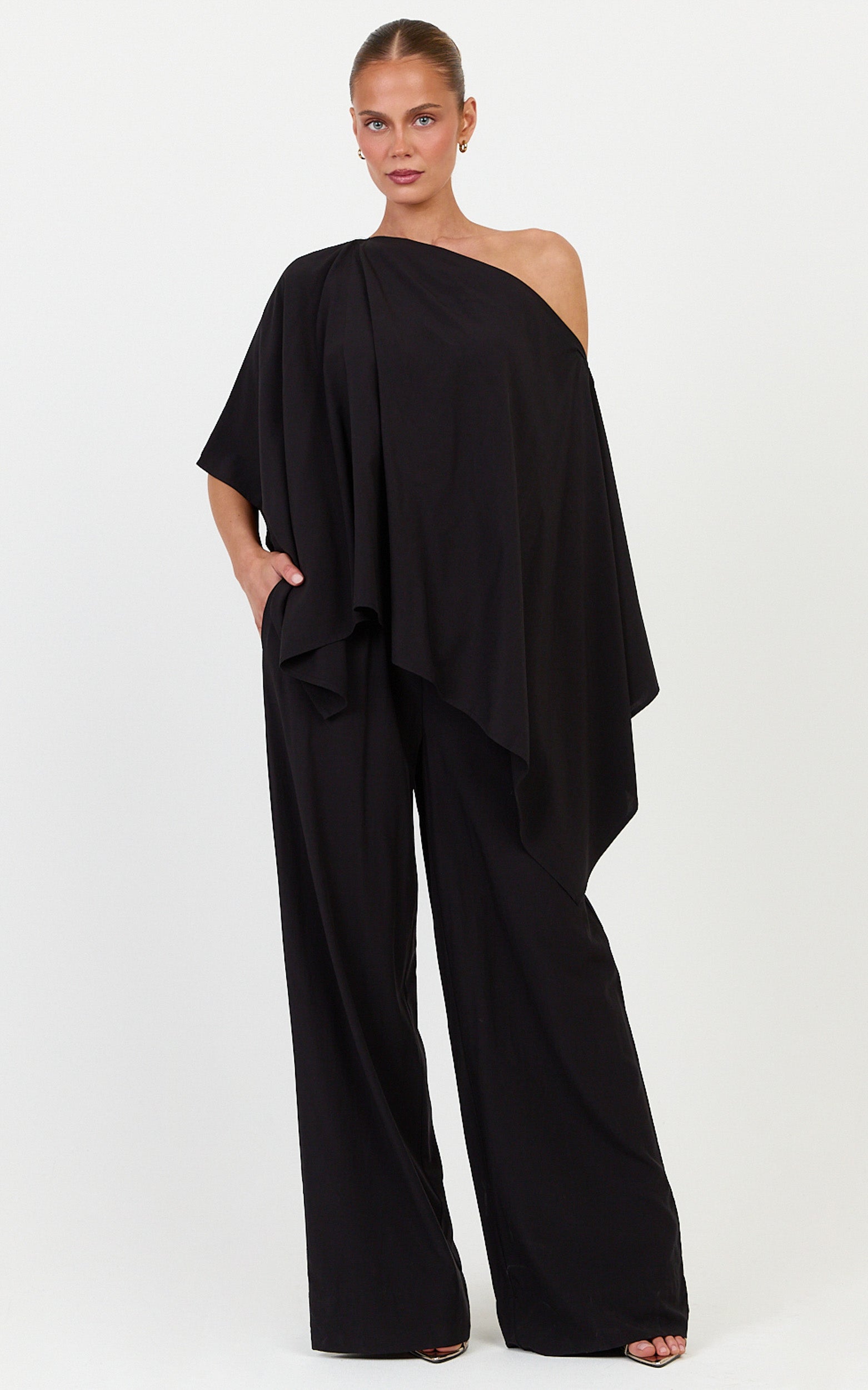 Beatrice Two Piece Top and Pants Set - Off Shoulder Cape Top and Pants Set in Black