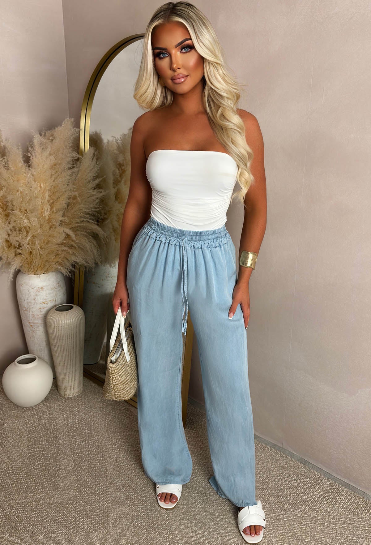 Rosie Blue Elasticated Waist Straight Leg Trousers