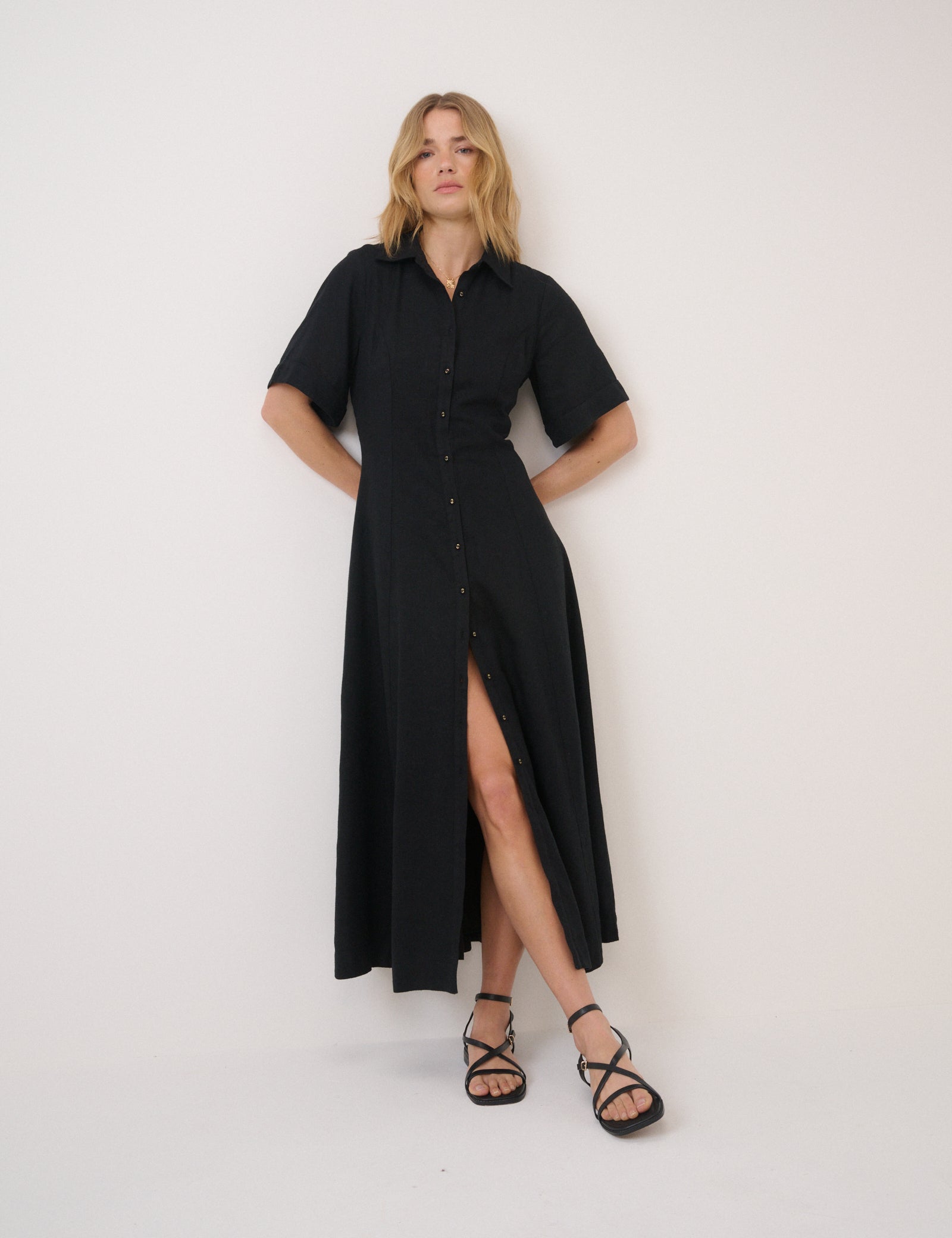 Black Short Sleeve Linen-Rich Dillon Shirt Dress