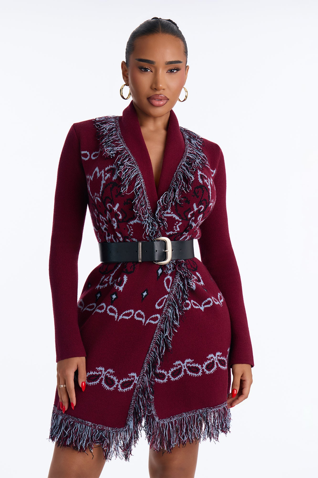 Aspen Jacquard Fringe Sweater Mini Dress - Wine/combo