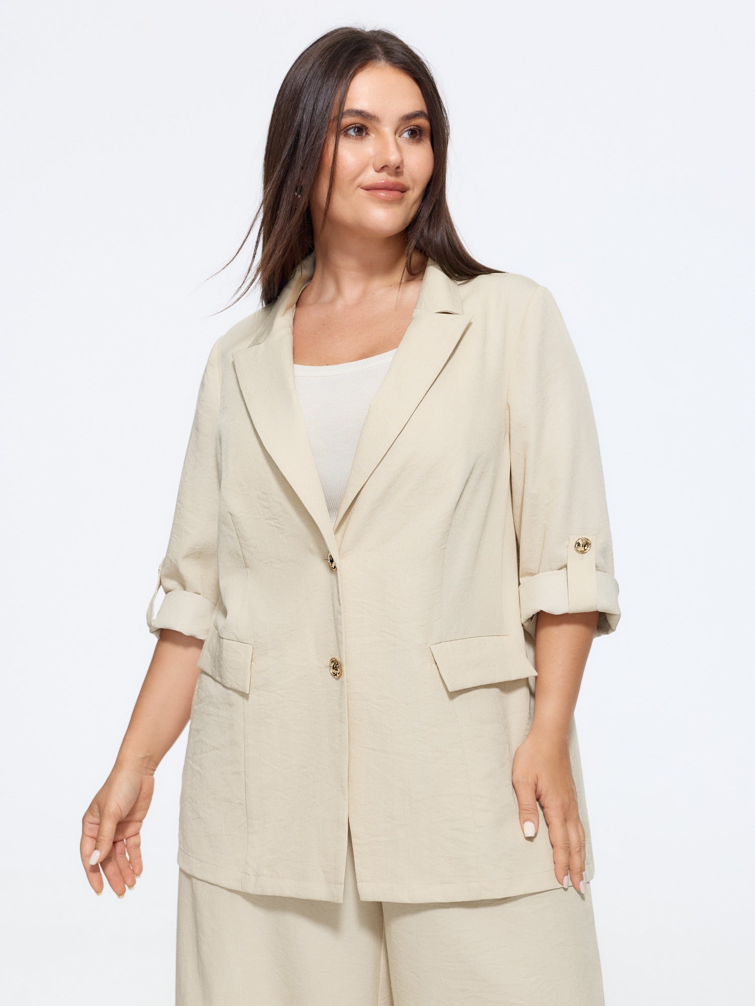 Textured Button Down Tab Sleeve Blazer