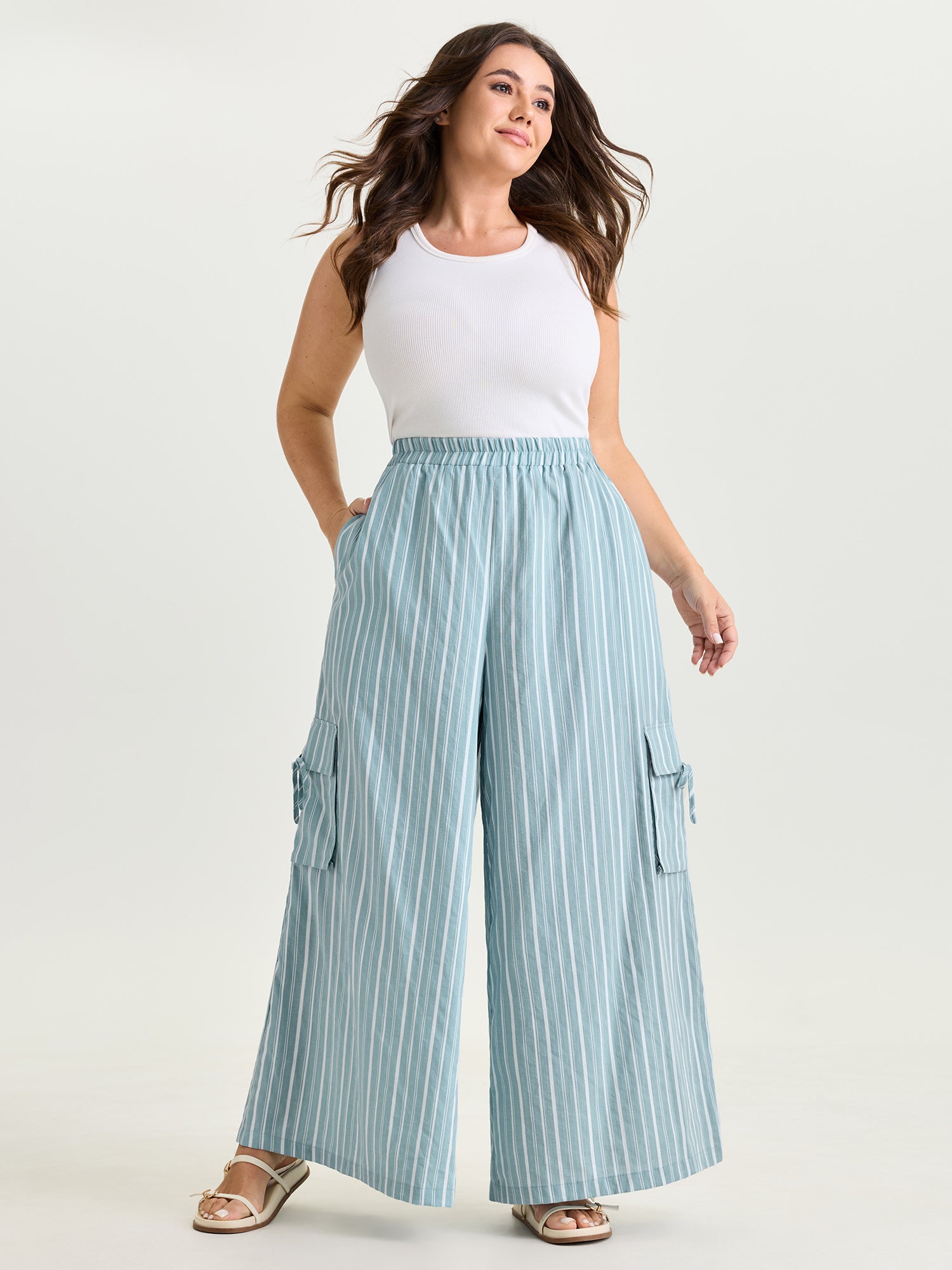 Striped Print Side Pockets Cargo Pants
