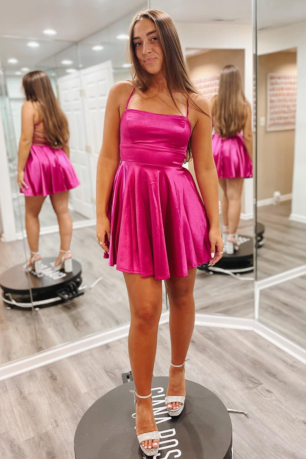 Simple Fuchsia Spaghetti Straps Backless A-Line Short Homecoming Dress/Mini Dress