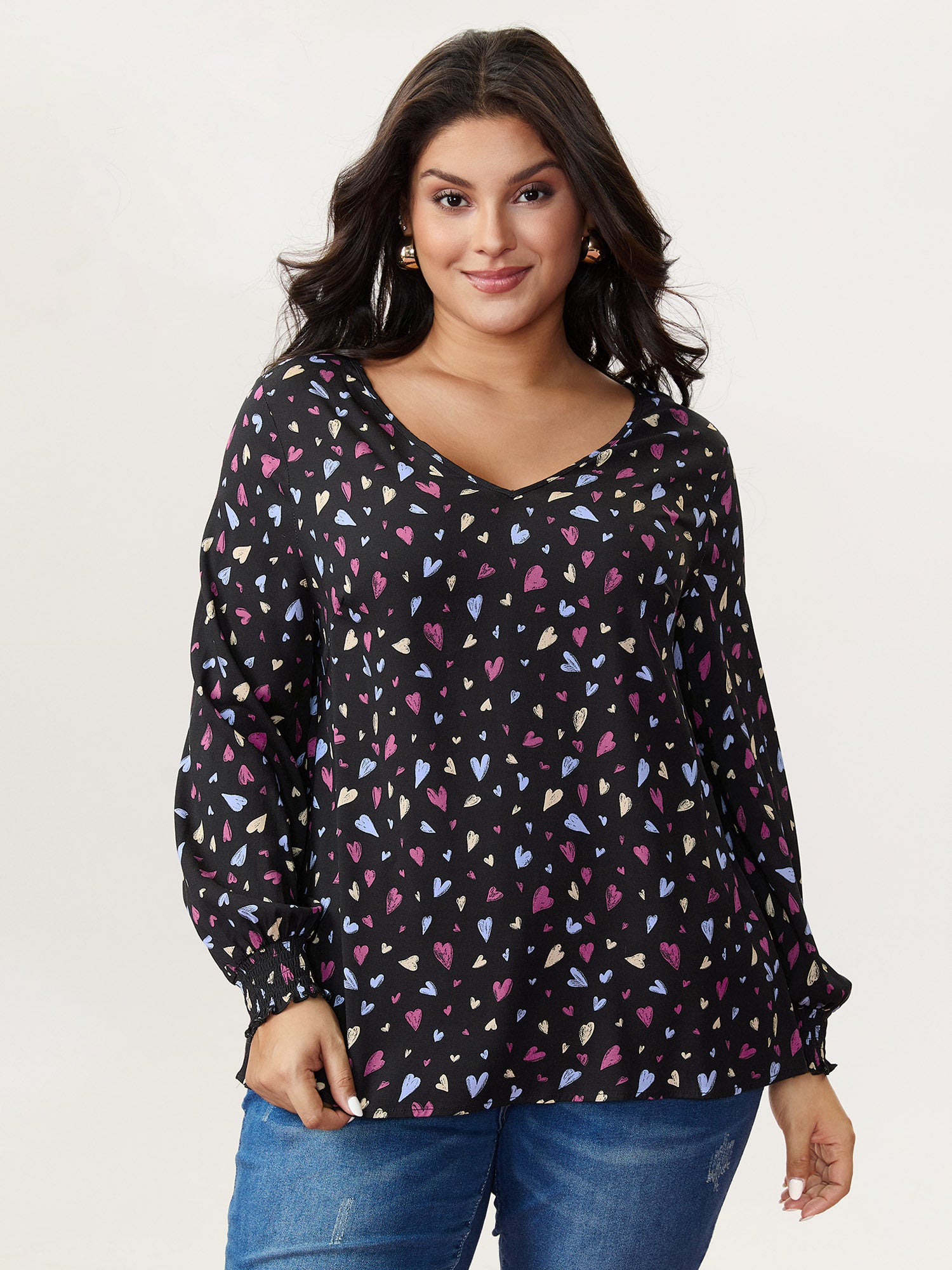 Colorful Heart Print V-Neck Blouse