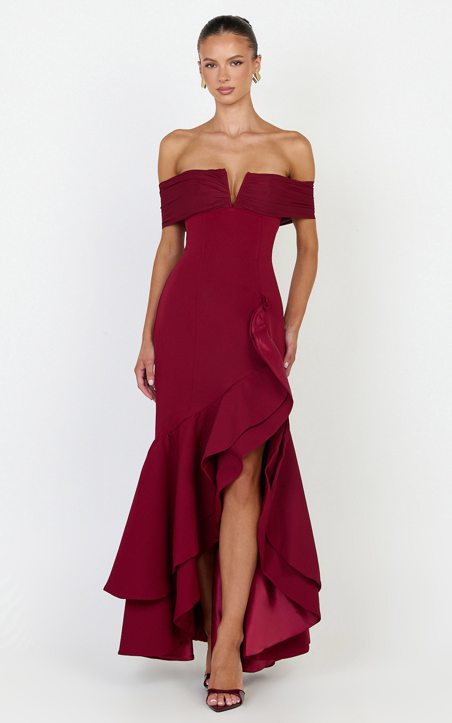 Vienna Maxi Dress - Off Shoulder Ruffle Hem Dress in Wine