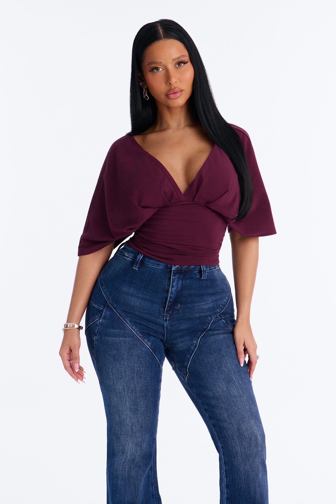 Taylor Cinched Waist Ruched Short Sleeve Top - Plum