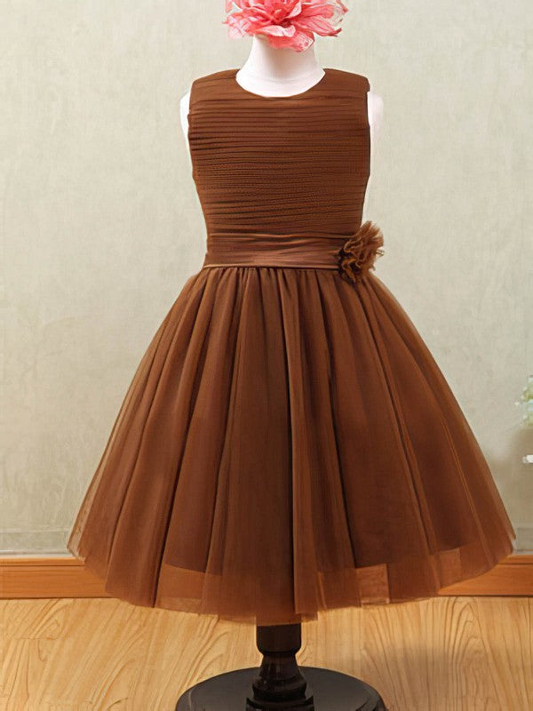 Elegant A-Line Jewel Sleeveless Tulle Flower Girl Dresses with Ruffles