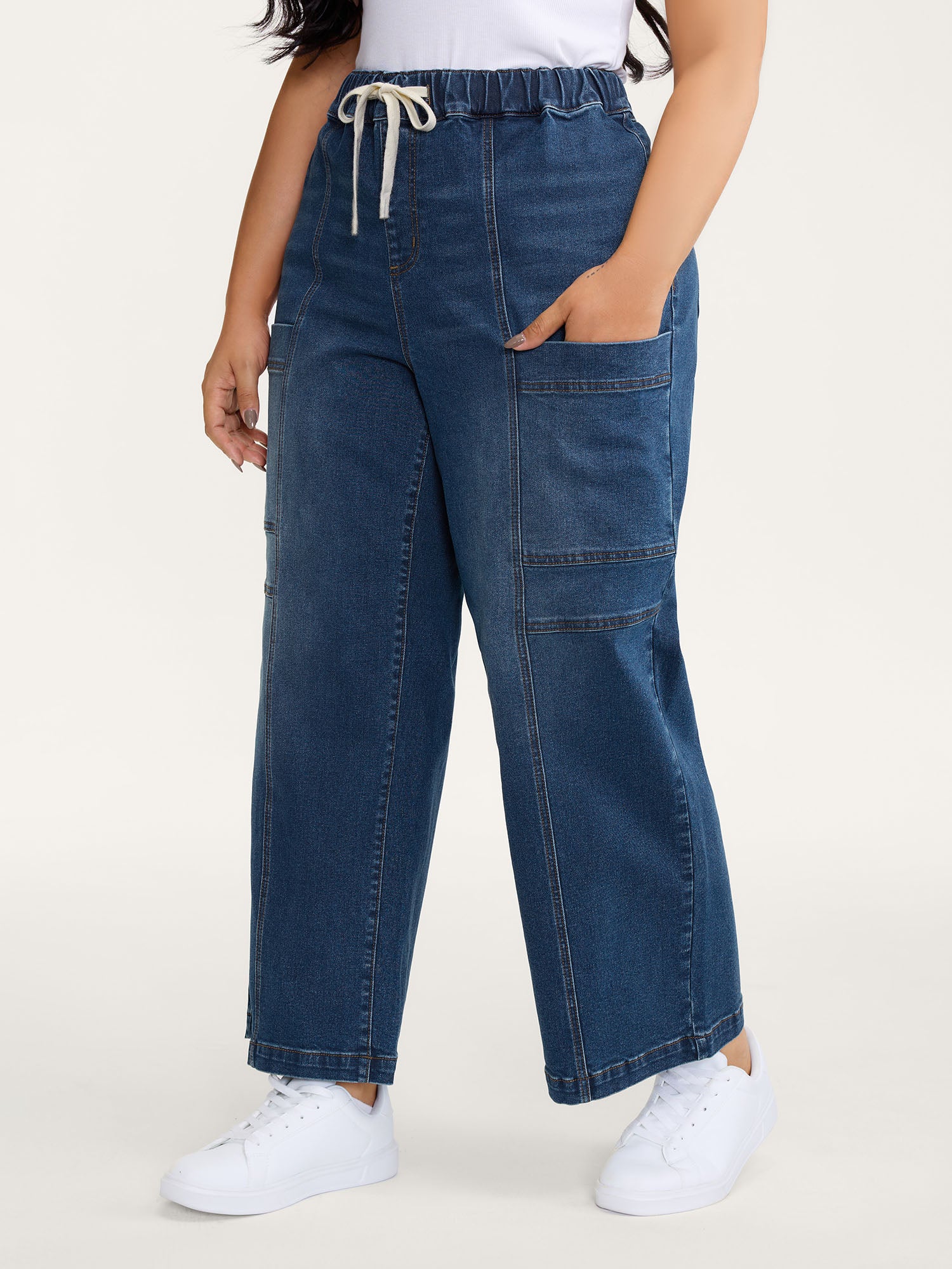 Pull-On Drawstring Straight-Leg Cargo Jeans