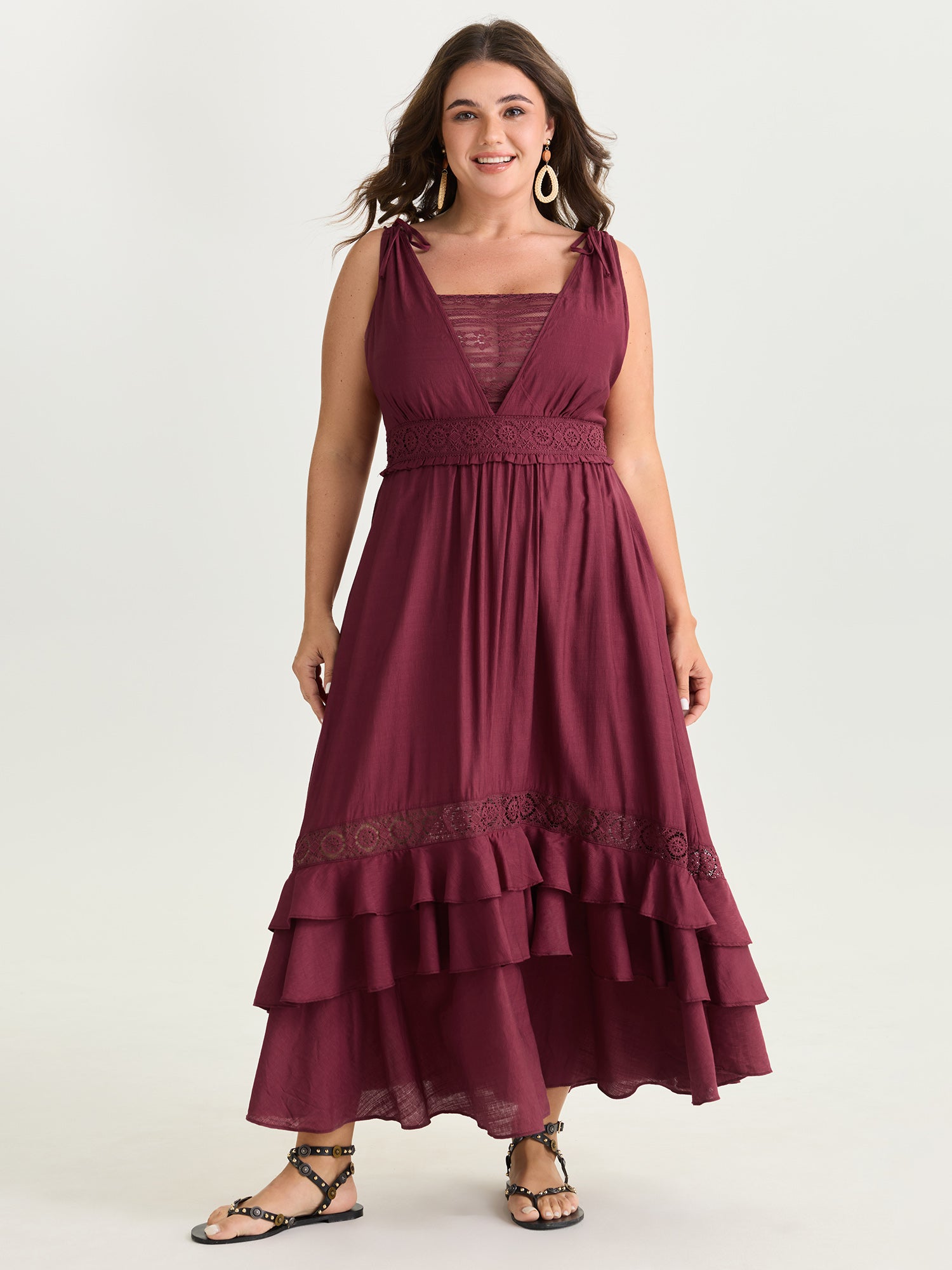 Ruffled Layered Hem Lace Maxi Dress