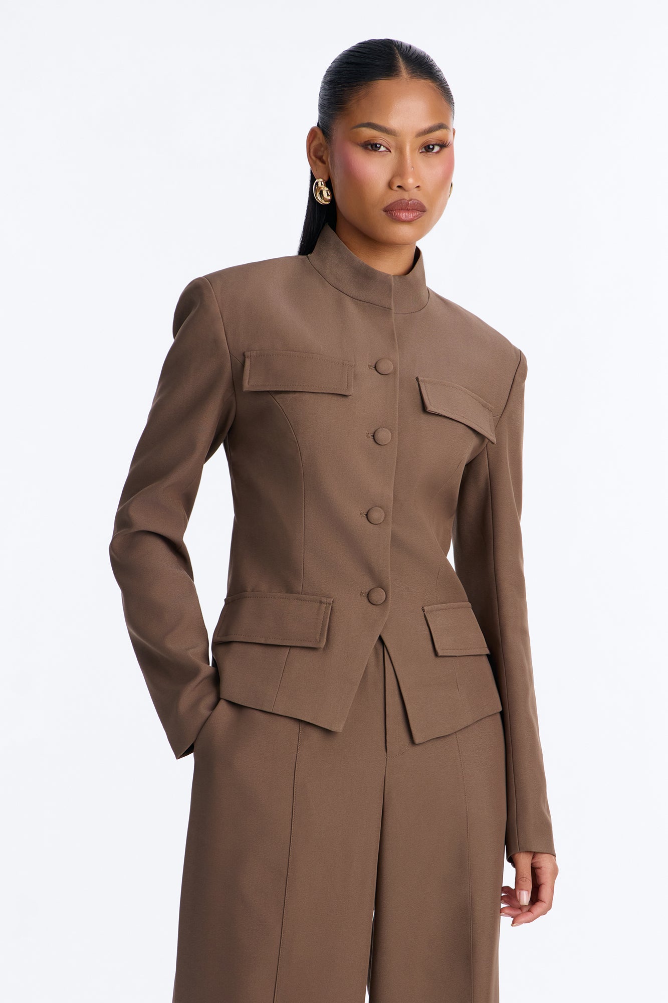 Melt Into You Stand Collar Button Front Blazer - Caffe