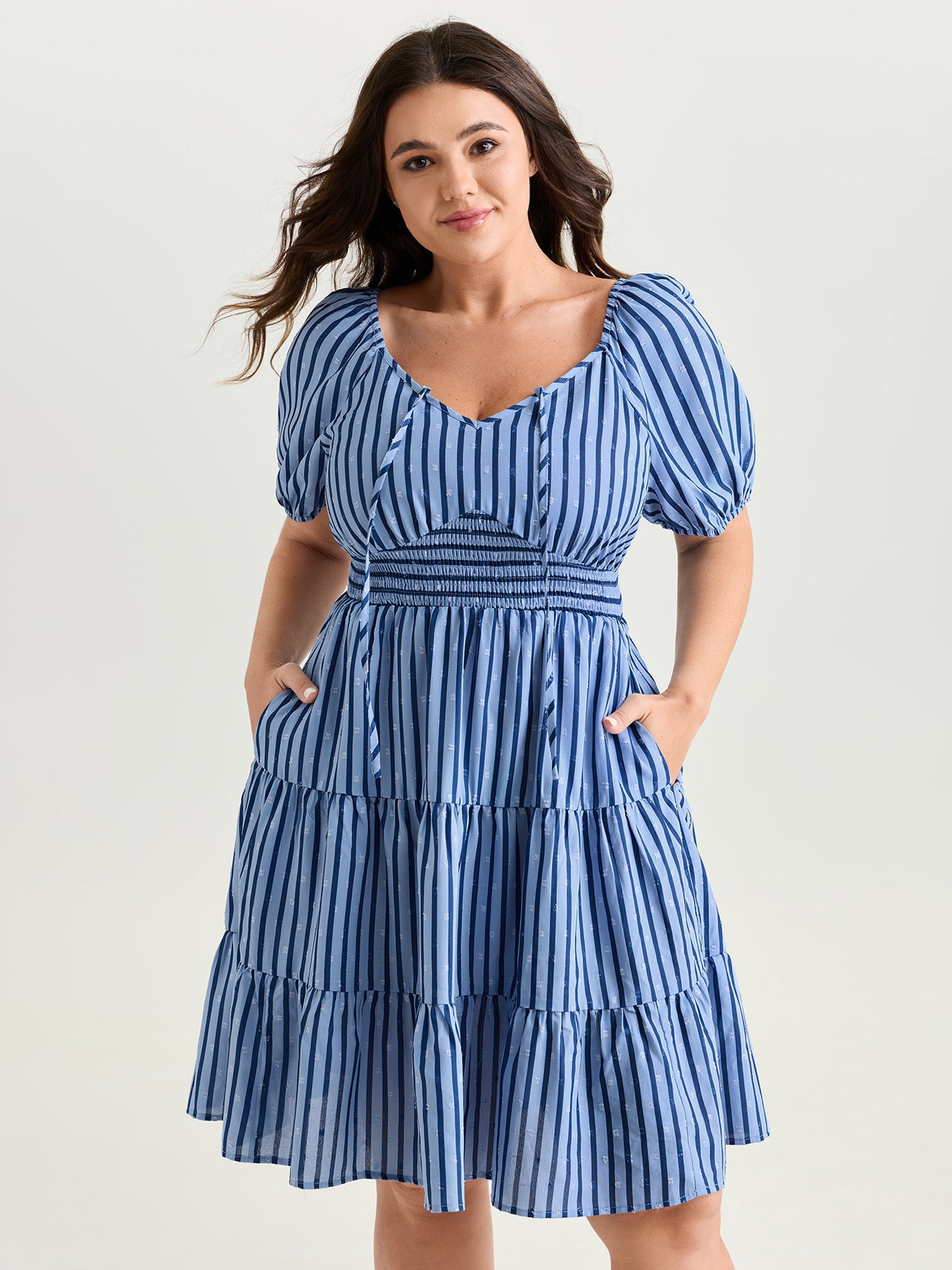 Striped Print Neck-Tie Tiered Mini Dress