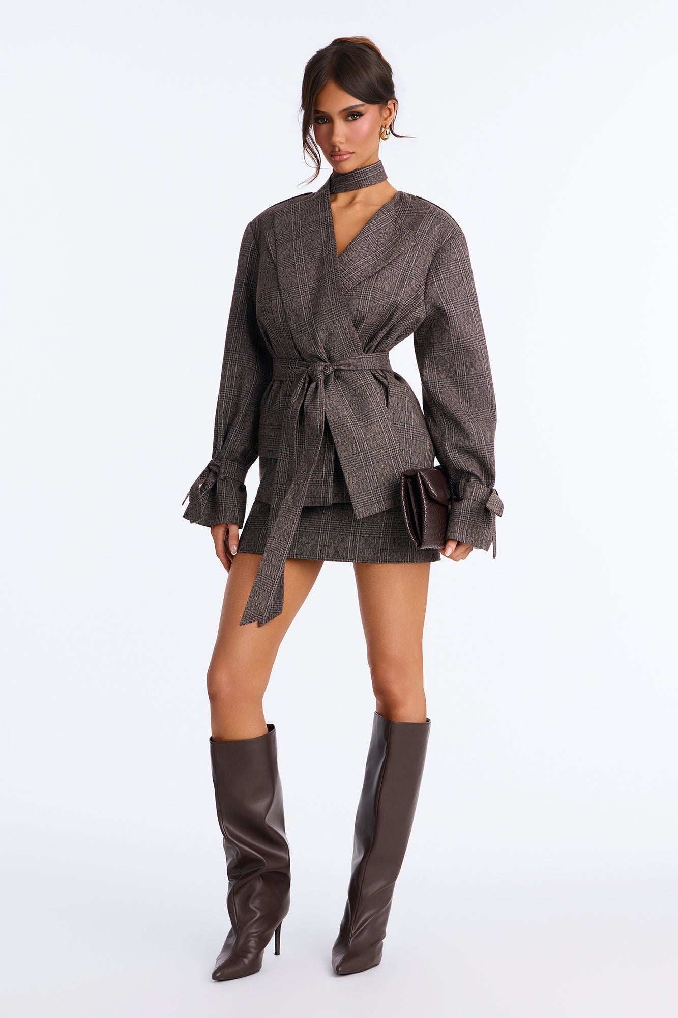 Monique Tie Waist Draped Skirt Set - Brown/combo