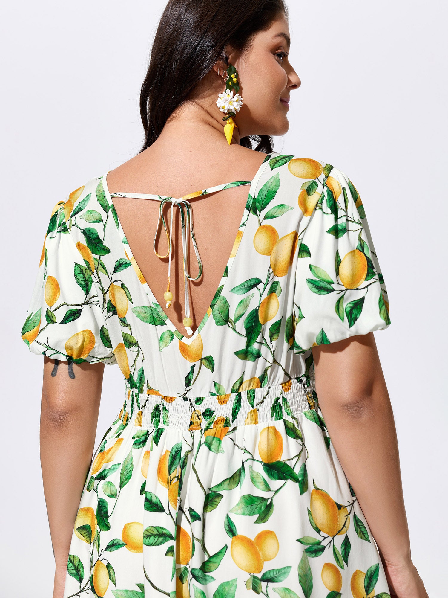 Supersoft Lemon Print Shirred Waist Mini Dress