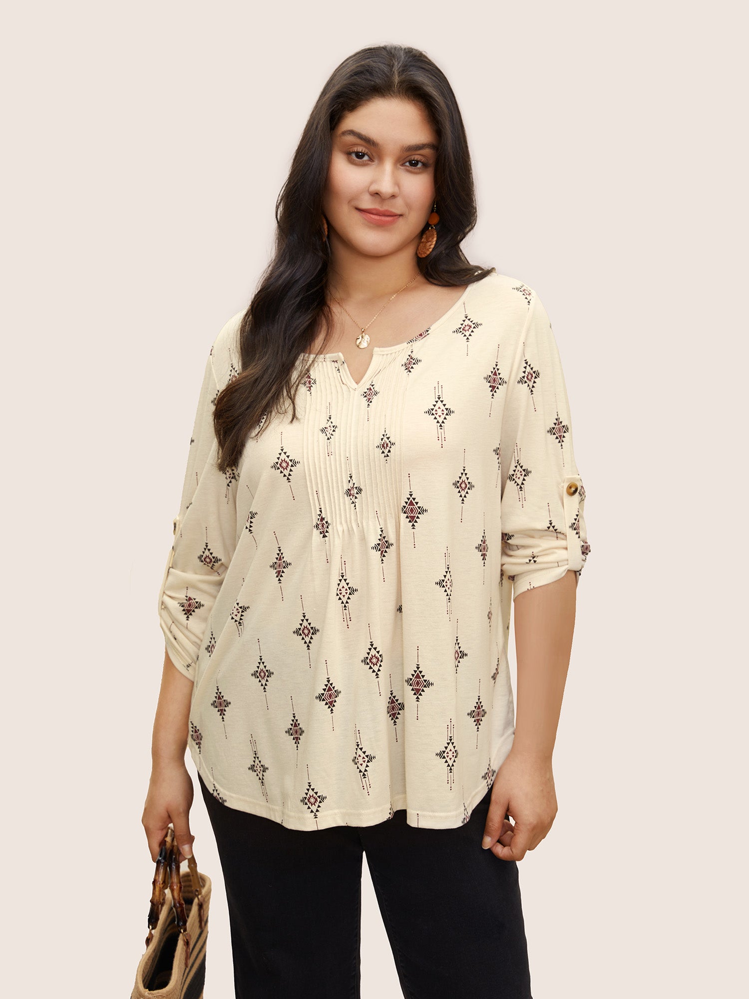 Bandana Print Notched Pleated Tab Sleeve T-shirt