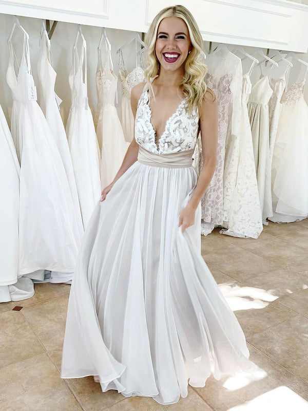 Glamorous A-Line Deep V-Neck Sleeveless Chiffon Floor-Length Lace Wedding Dresses