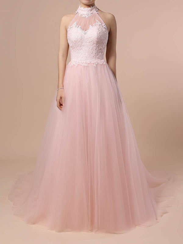 Elegant Sweep Train Halter Lace Tulle Wedding Dresses with Appliques