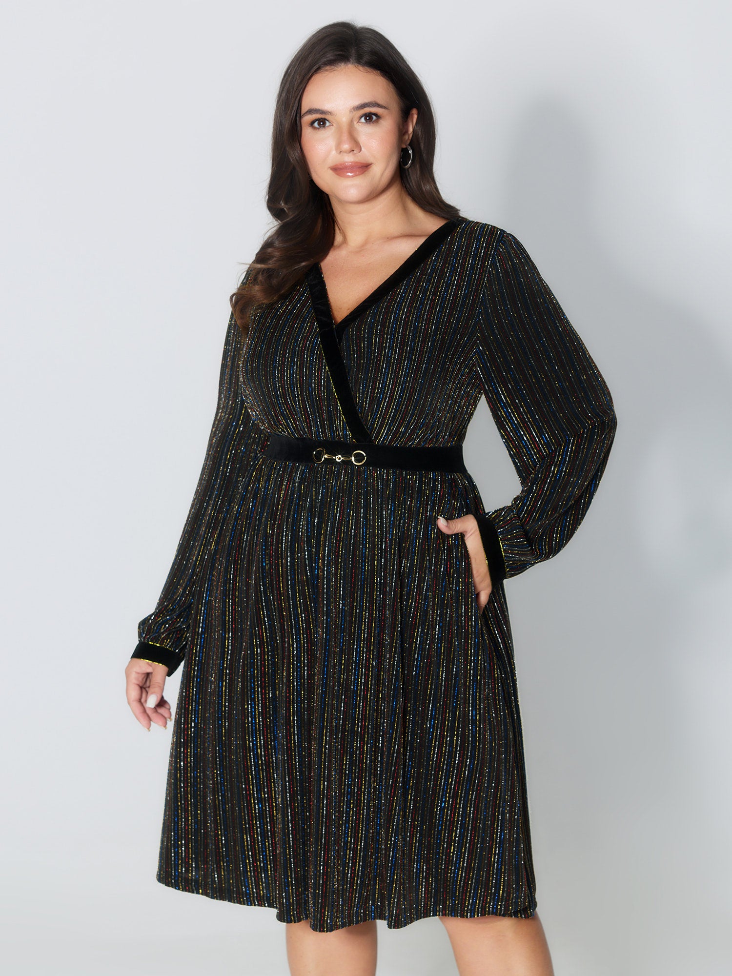 Striped Surplice Neckline Flowy Midi Dress