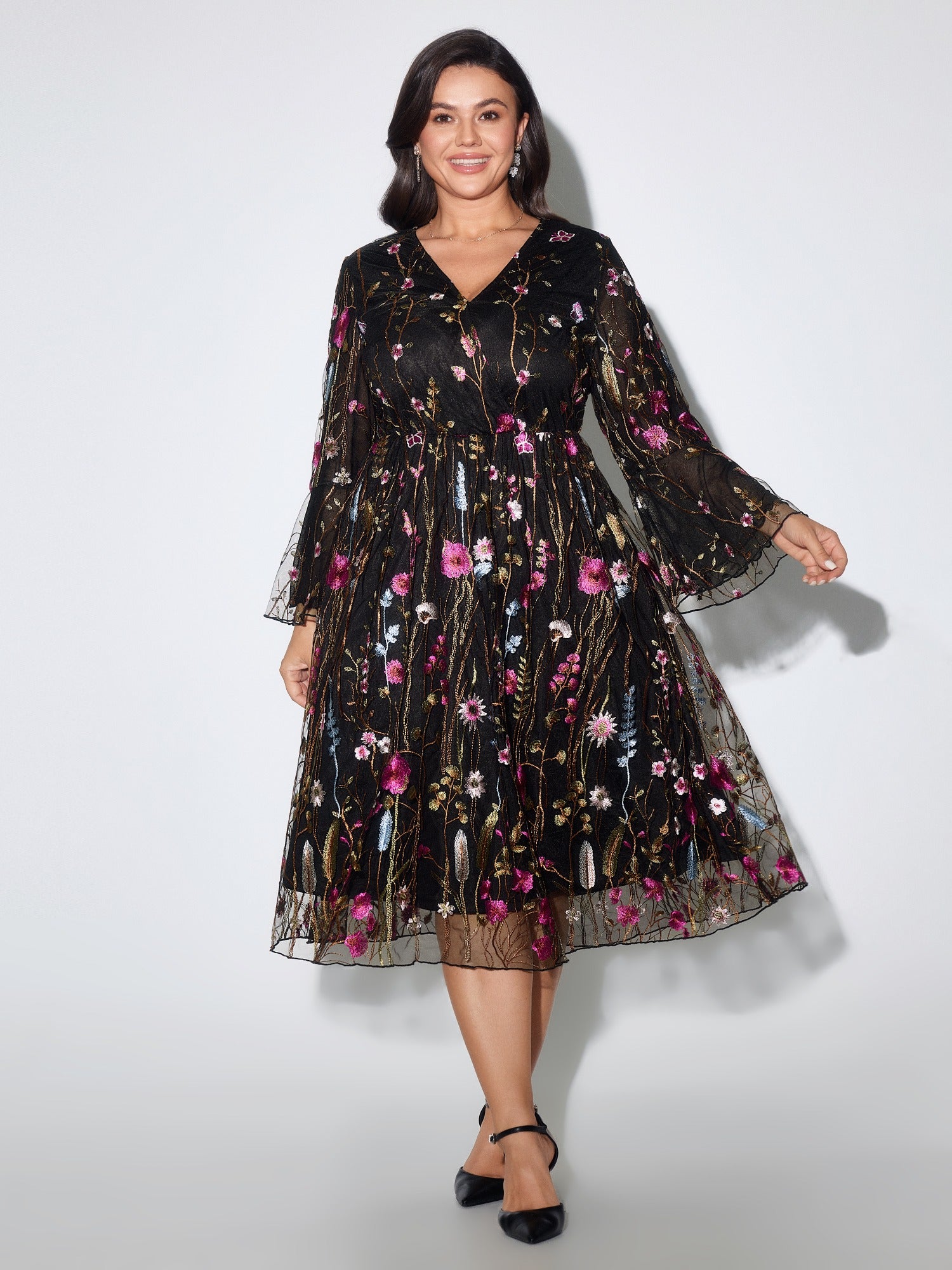 Floral Embroidery Sheer Mesh Bell Sleeve Midi Dress